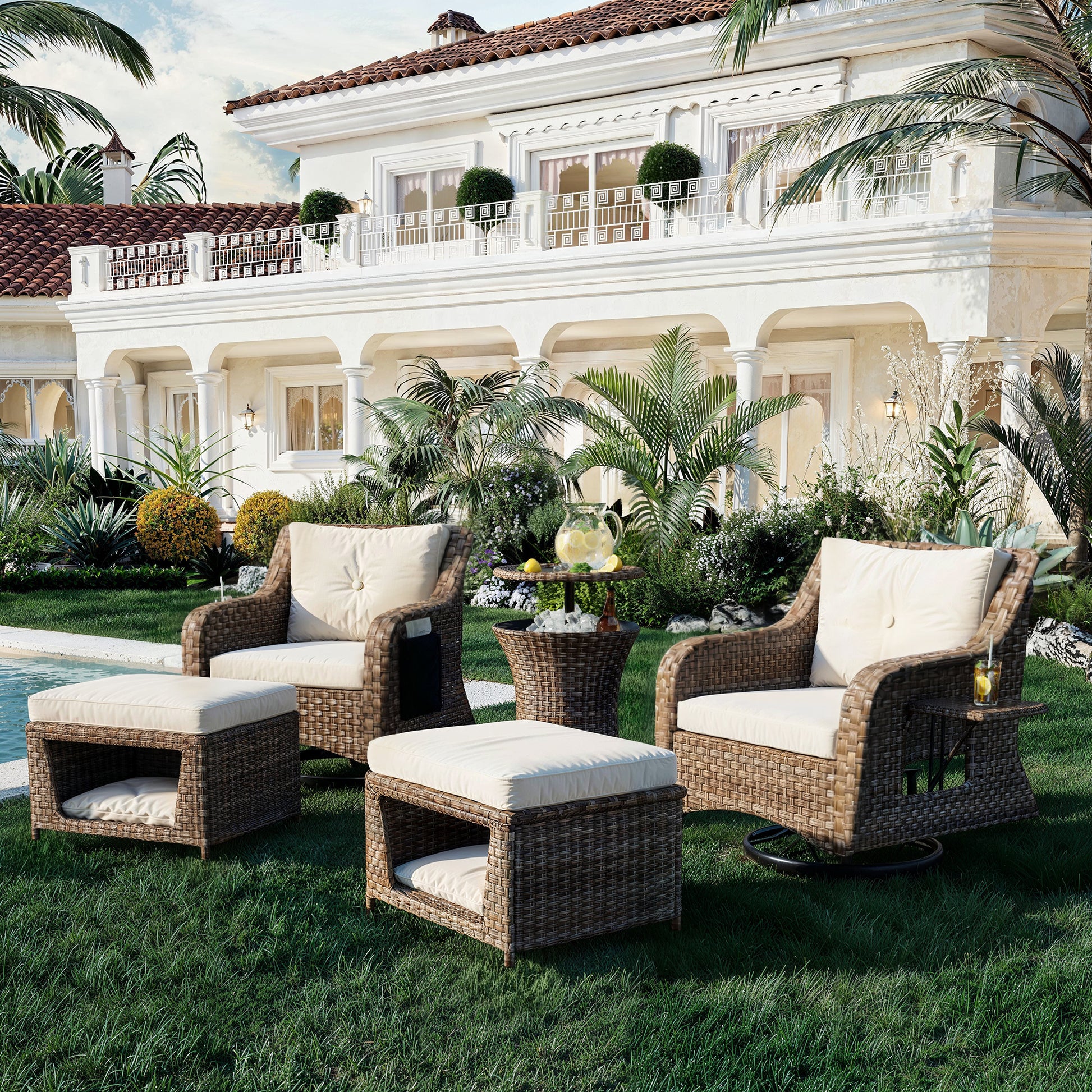 K&K 5 Pieces Outdoor Patio Furniture Set With Pet House Cool Bar And Retractable Side Tray, Rattan Wicker Patio Swivel Rocking Chairs Set Of 2 With Ottomans For Backyard, Porch, Balcony, Beige Yes Rocker & Glider Brown Beige Seats 2 Weather Resistant