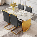 Table And Chair Set, Rock Plate Table Top, Gold Metal Table Legs, Stable And Beautiful, Suitable For Most Home Styles. Modern Simple Dining Table, Comfortable Seating. Grey Gold Seats 4 Sintered Stone