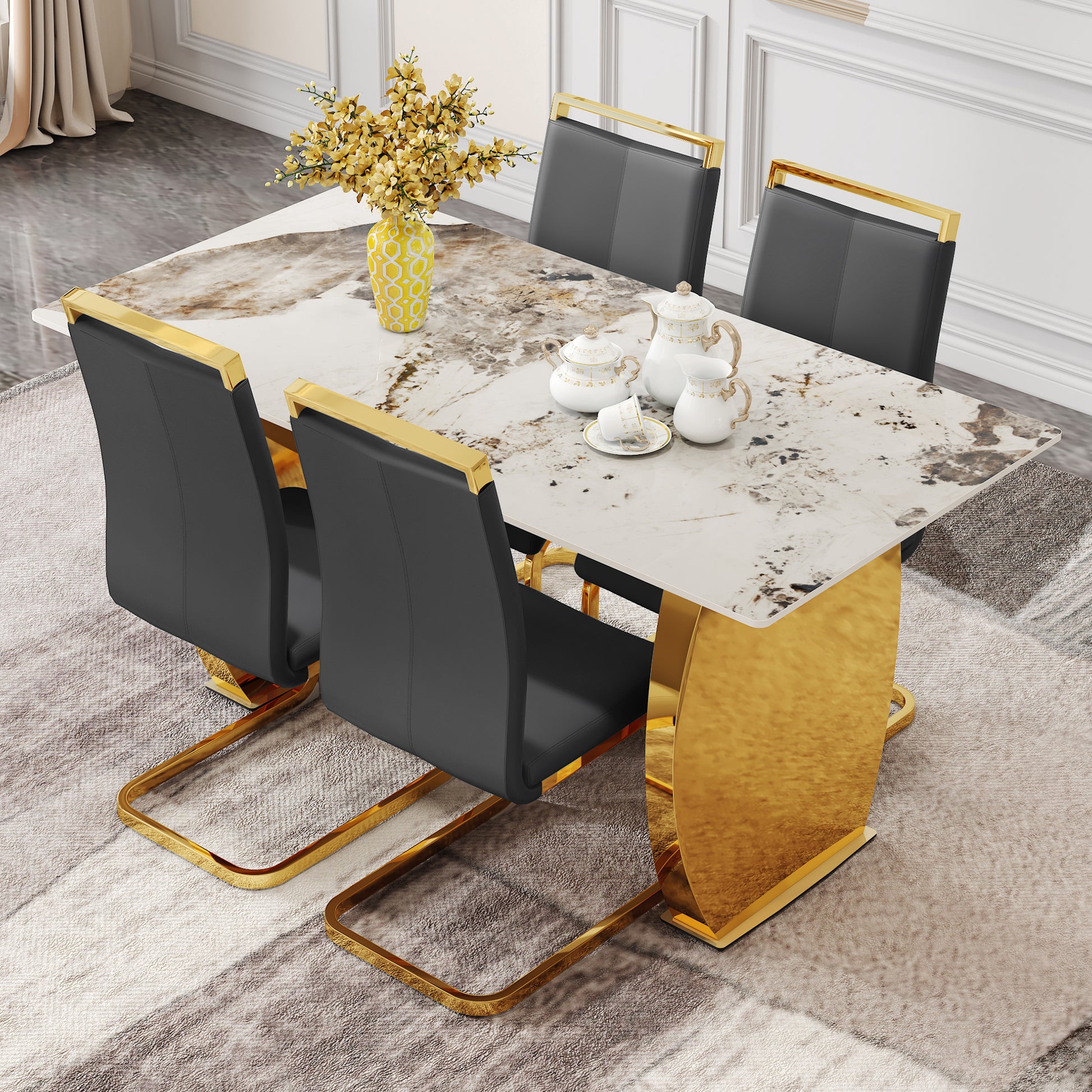 Table And Chair Set, Rock Plate Table Top, Gold Metal Table Legs, Stable And Beautiful, Suitable For Most Home Styles. Modern Simple Dining Table, Comfortable Seating. Grey Gold Seats 4 Sintered Stone