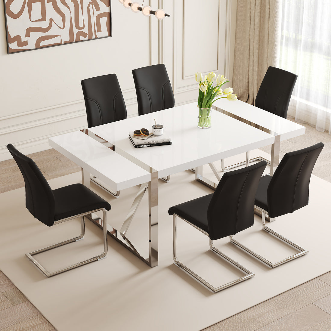 Table And Chair Set.71"X39.3" White Mdf Painting Dining Table Set With 6 Black Pu Chairs.Showcasing A Modern And Stylish Look.Suitable For Dining Room.Mdf Painting,Iron Pipe Plating,Pu Chiairs.