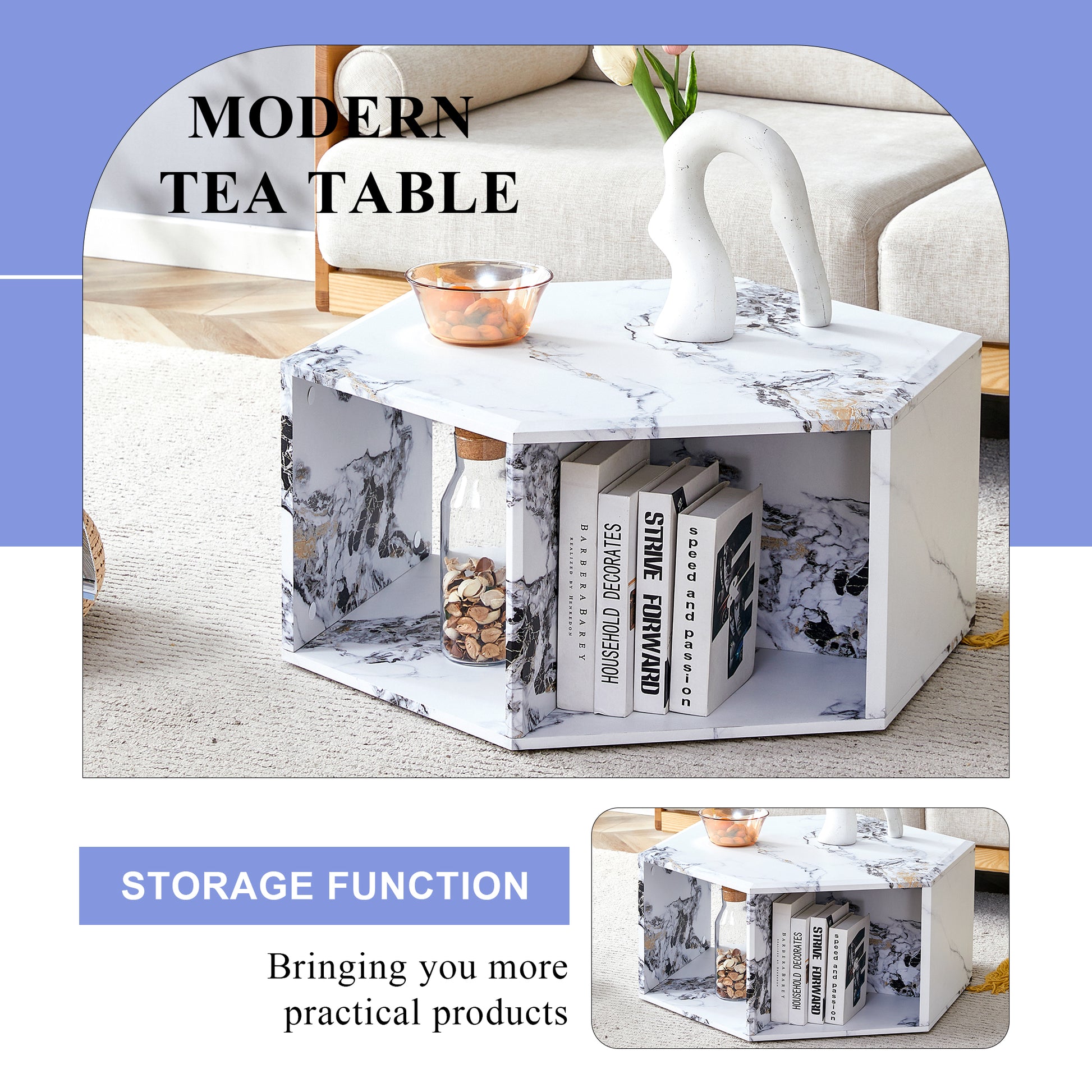 Hexagonal Mdf Coffee Table, Characteristic Pattern Stickers, Multi Hole Design To Give More Storage Space, Simple And Convenient Design Makes It Suitable For All Kinds Of Style Scenes. White Mdf