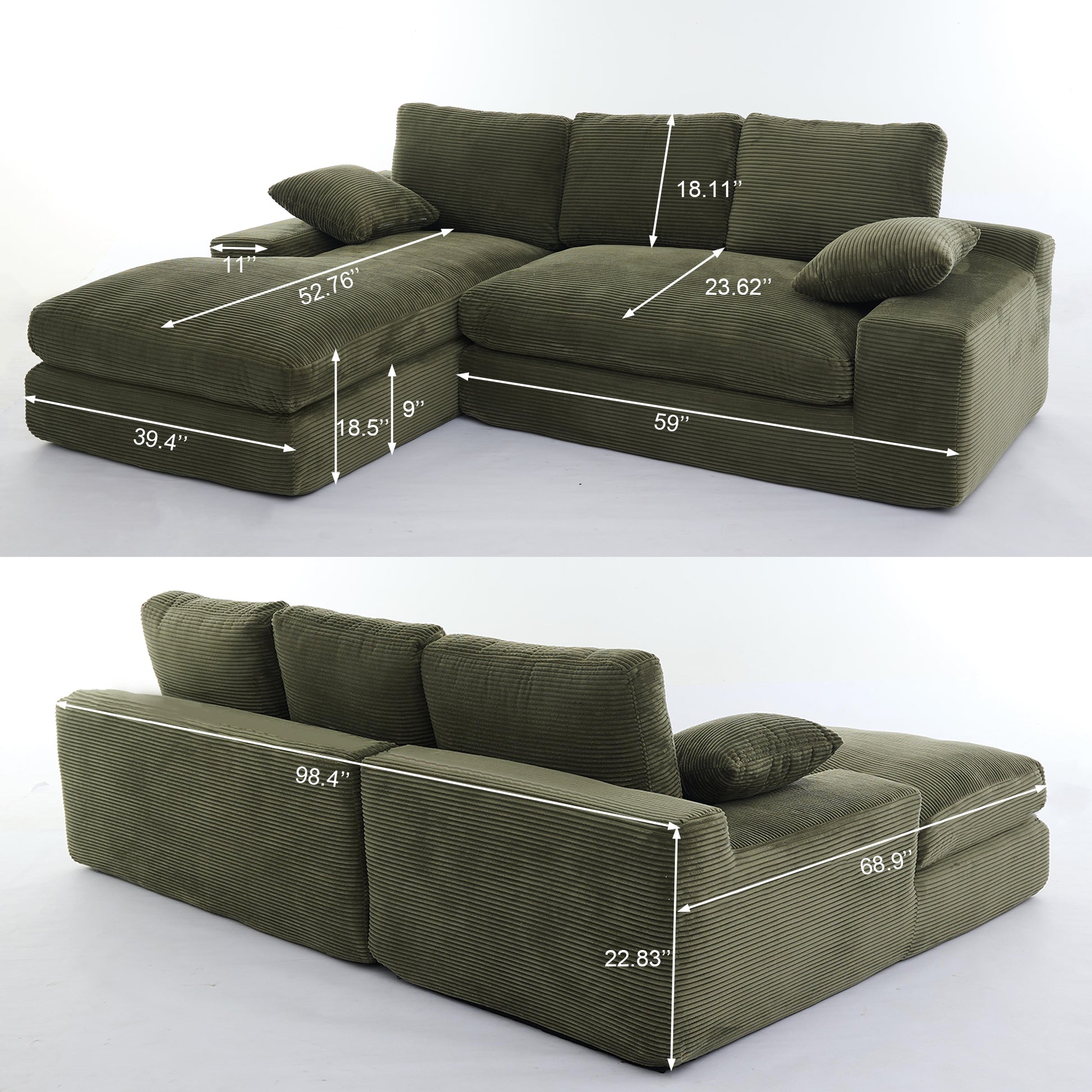 99*69" Modular Sectional Living Room Sofa Set, Modern Minimalist Style Couch, Upholstered Sleeper Sofa For Living Room, Bedroom, 2 Pc Free Combination, Installation Free Sofa, L Shape, Army Green