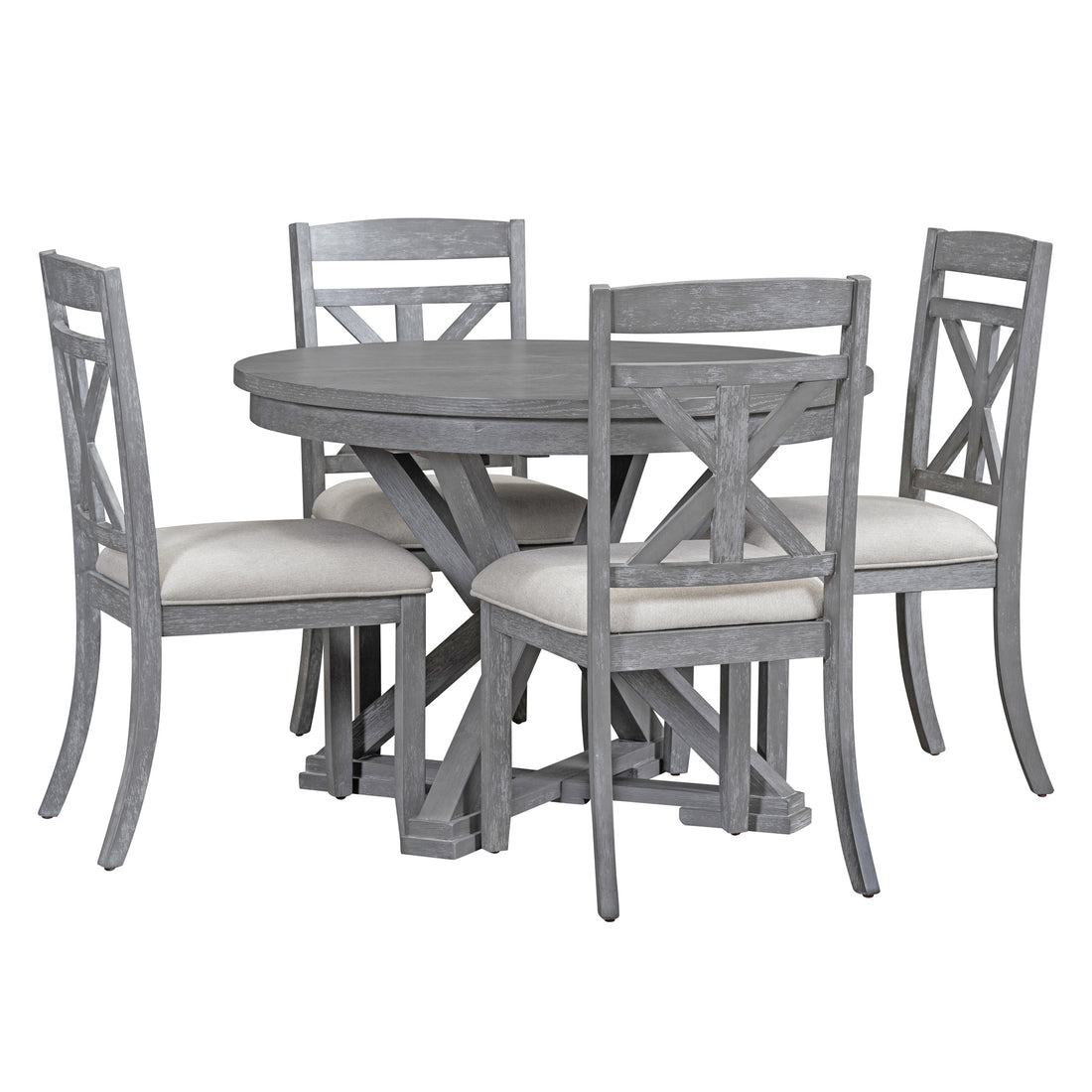 5 Piece Retro Functional Dining Table Set Extendable Round Table And 4 Upholstered Chairs For Dining Room And Living Room Grey Grey Solid Wood