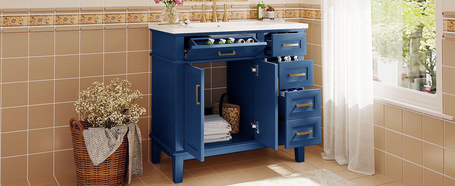 36 Inch Bathroom Vanity With Resin Sink, Modern Bathroom Cabinet In Blue, Featuring Two Soft Close Doors And Four Drawers Blue Bathroom Solid Wood Mdf Resin