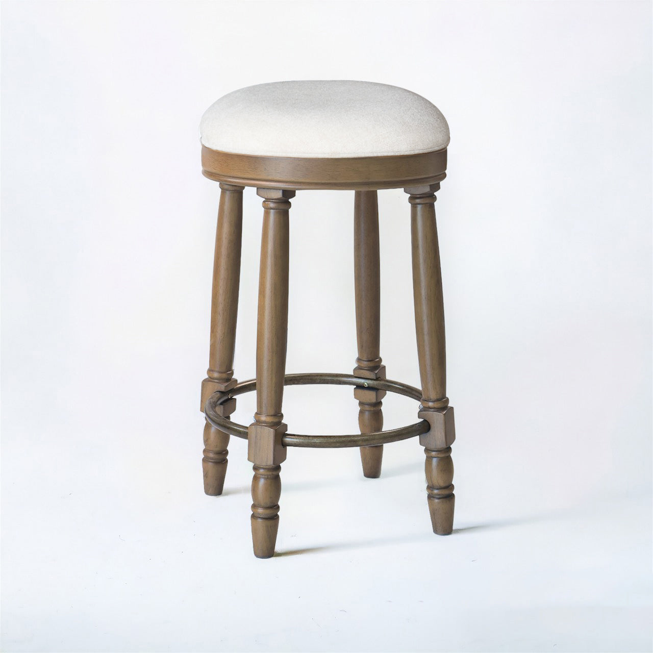 Barstools Set Of 2, 360 Degree Swivel, Accent Wooden Swivel Seat Counter Height Bar Stool,White Fabric Cushioned Seat, Bar Stool Perfect For Dining & Living Room With Light Brown,Natural Height 26"