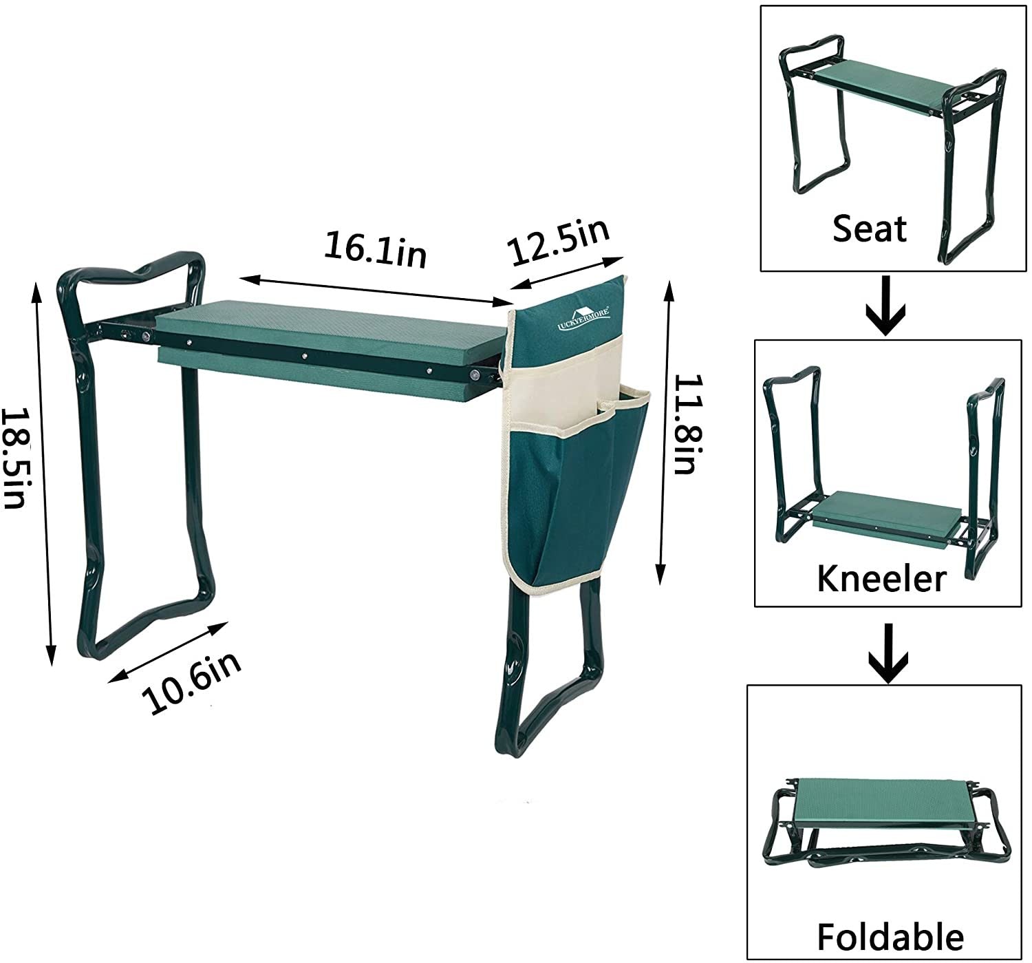 Garden Kneeler & Seat Folding Multi Functional Steel Garden Stool With Tool Bag Eva Kneeling Pad Green Metal