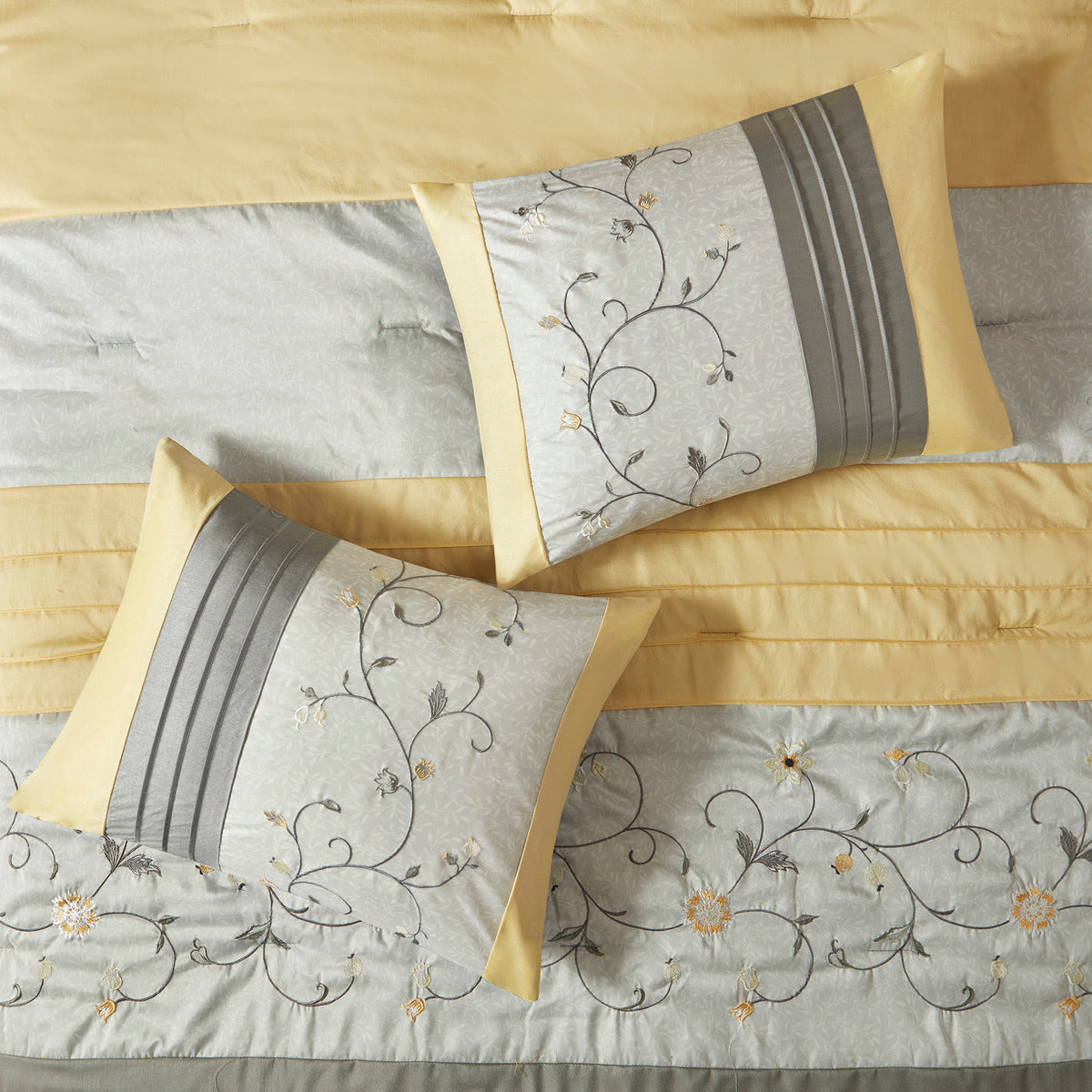Embroidered 7 Piece Comforter Set Yellow King King Yellow Polyester