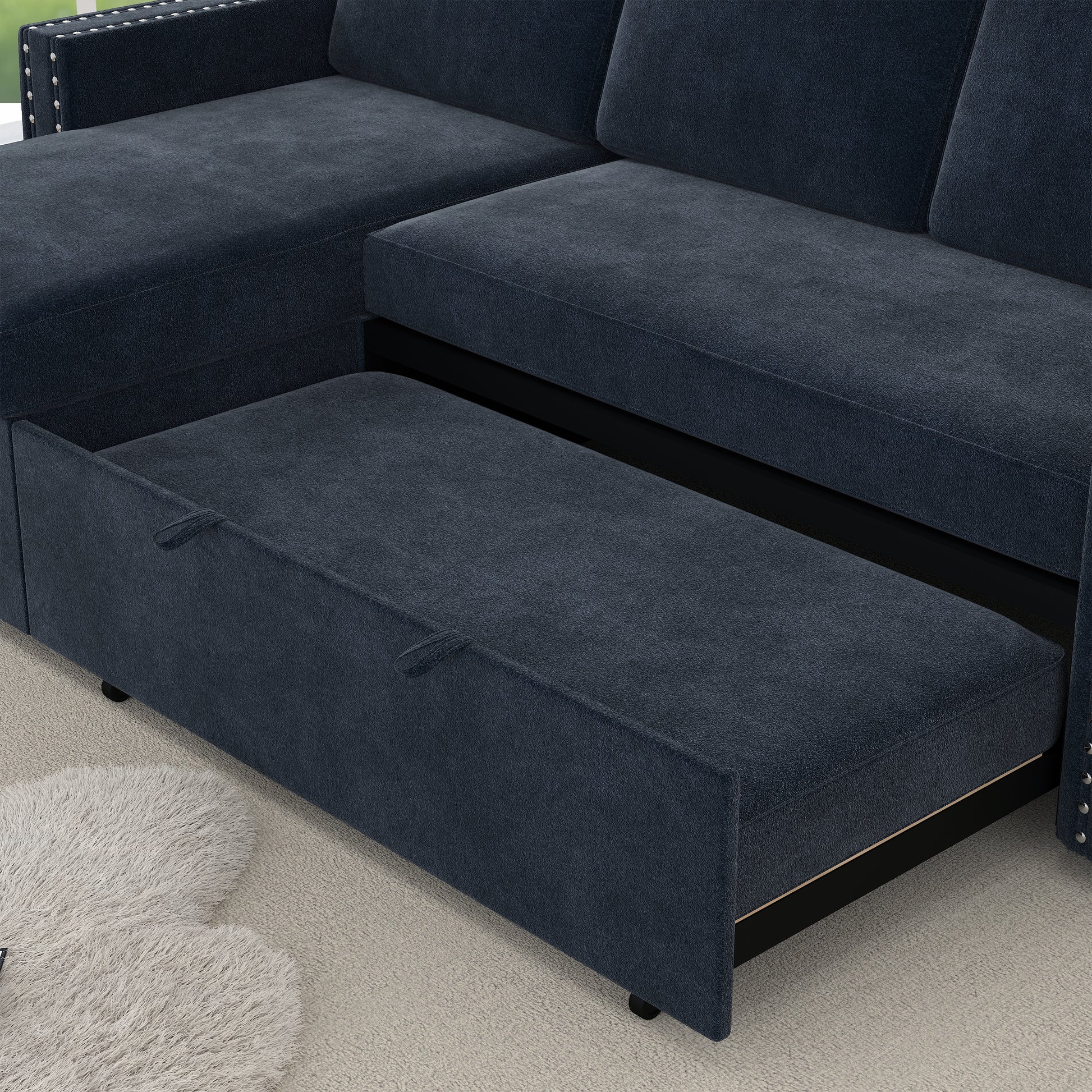 85 Inches Sofa Bed, 3 Seater Sleeper Sofa With Storage Chaise, Square Handrail With Pull And Copper Nail,Chenille, Pull Out Couch For Living Room Blue Chenille 3 Seat