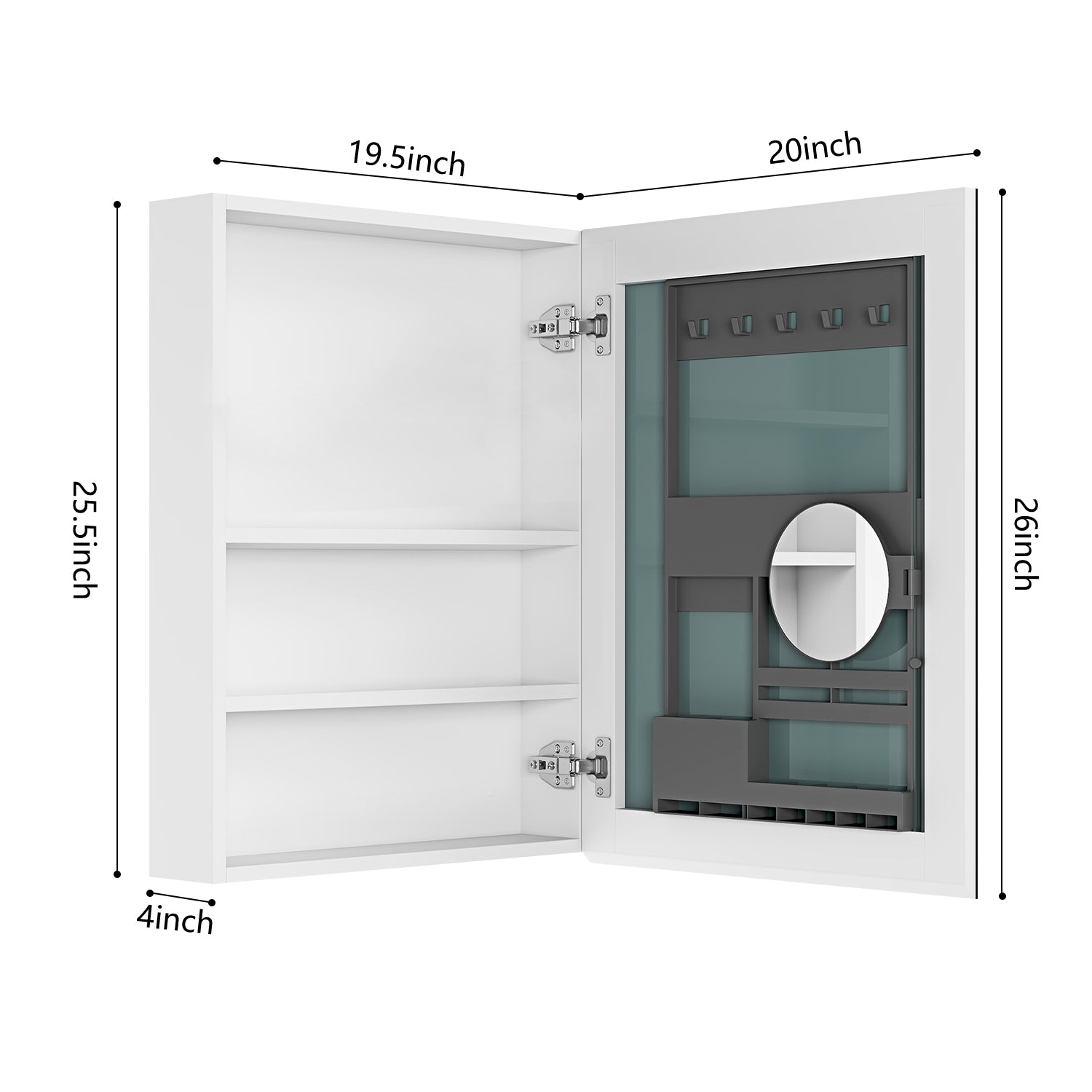 20'' W X 26'' H Bathroom Mirror Medicine Cabinet Wooden Door Medicine Cabinets For Bathroom, Wall Mounted Recessed Or Surface, Bathroom Mirror With Storage, Right Opening Door White Engineered Wood