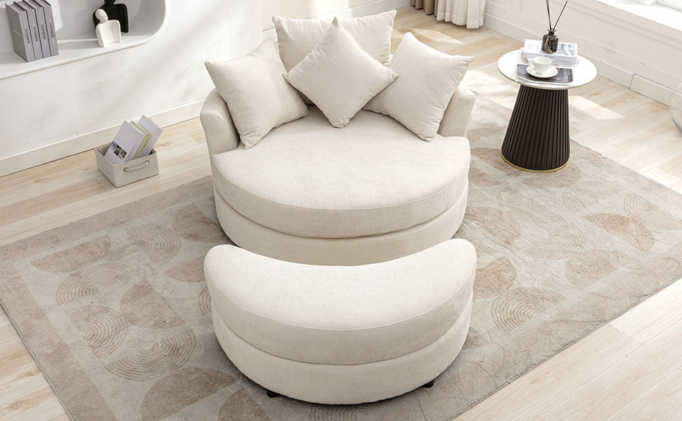 Orisfur. 360 Swivel Accent Barrel Chair With Storage Ottoman & 4 Pillows, Modern Chenille Leisure Chair Round Accent For Living Room, Cream Cream Foam Chenille