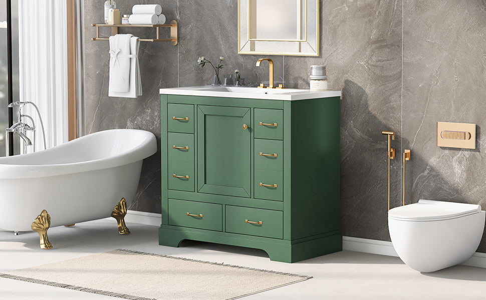 36" Bathroom Vanity With Sink Combo, Six Drawers, Multi Functional Drawer Divider, Adjustable Shelf, Green Old Sku:Sy999808Aaf Green Solid Wood Mdf