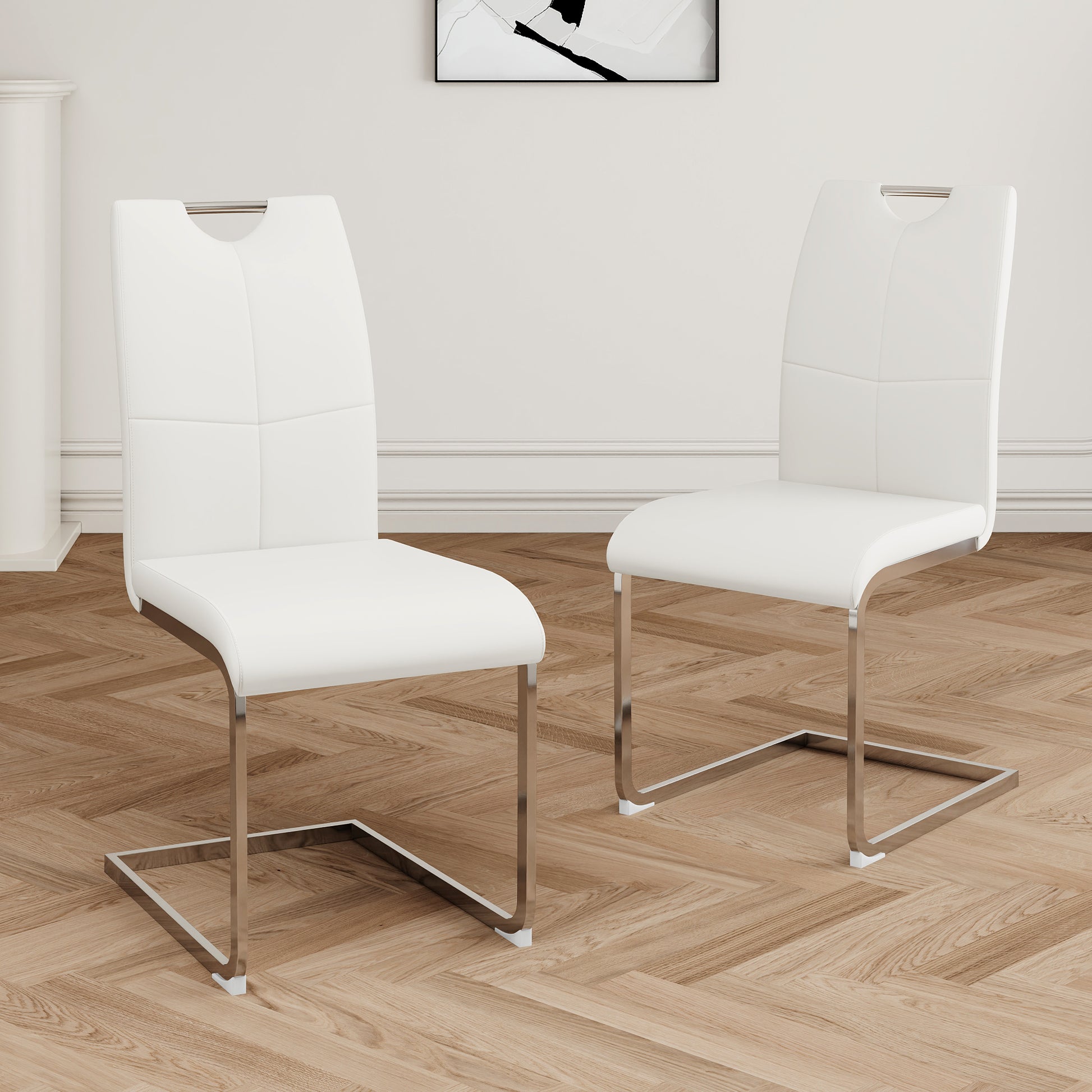 Modern Dining Chairs With Faux Leather Padded Seat Dining Living Room Chairs Upholstered Chair With Chrome Metal Legs Design For Kitchen, Living, Bedroom, Dining Room Side Chairs Set Of 2 White Silver Metal