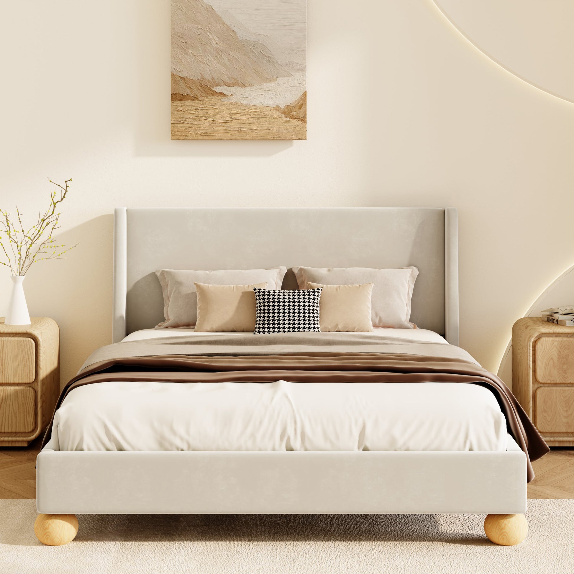 Modern Velvet Upholstered Platform Bed With Wingback Headboard And Round Wooden Legs, Cream,Queen Size Old Sku:Bs531851Aac Box Spring Not Required Queen Cream Wood Bedroom Modern Bed Frame Velvet