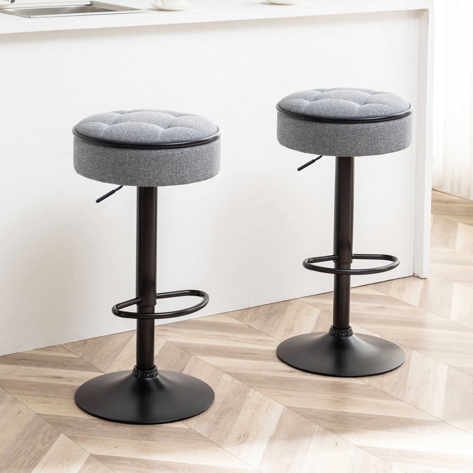 Round Storage Bar Stool Set Of 2, Grey Linen Height Adjustable Barstool, 360 Counter Height Swivel Stool, Armless Bar Chair With Metal Frame For Kitchen Counter Dining Living Room Grey Set Of 2 Foam Linen