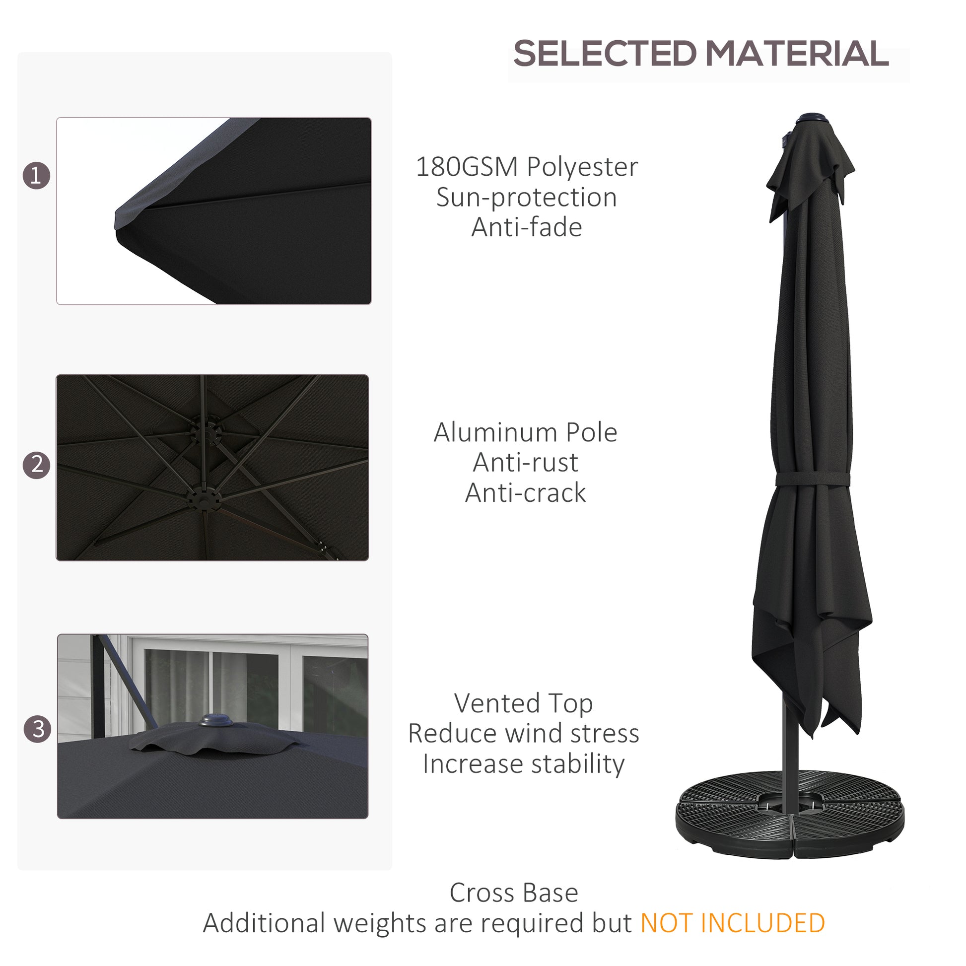 Outsunny 10' Cantilever Patio Umbrella, Square Offset Umbrella With Tilt, Crank, Cross Base, Aluminum Pole And Air Vent, Hanging Umbrella For Garden, Pool, Backyard, Gray Gray Aluminum