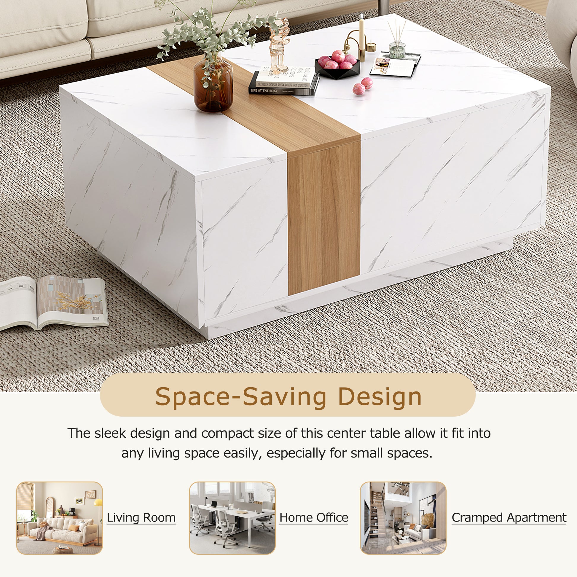 Tv Stand And Coffee Table With Faux Marble, Walnut Wood Grain Finish, Set Of 2, Modern Entertainment Center For Tvs Up To 88'', Center Table With 2 Storage Drawers For Living Room, White White 80 89 Inches Particle Board