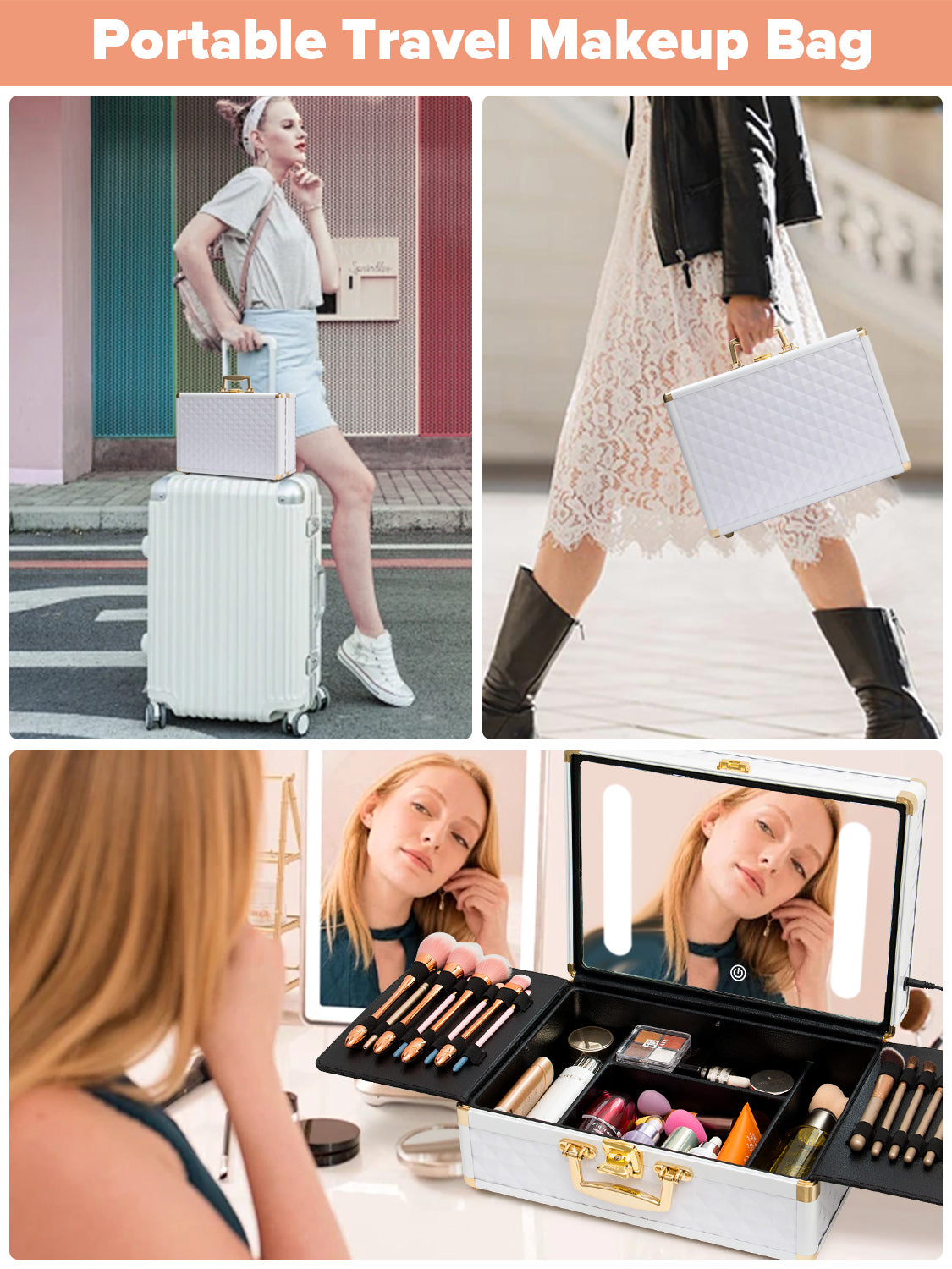 Portable Makeup Case With Led Mirror Travel Makeup Bag Cosmetic Organizer Box With Locks, Brush Holder, Dividers, Rechargeable, White White Aluminium Alloy