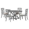 5 Piece Retro Functional Dining Table Set Extendable Round Table And 4 Upholstered Chairs For Dining Room And Living Room Grey Grey Solid Wood