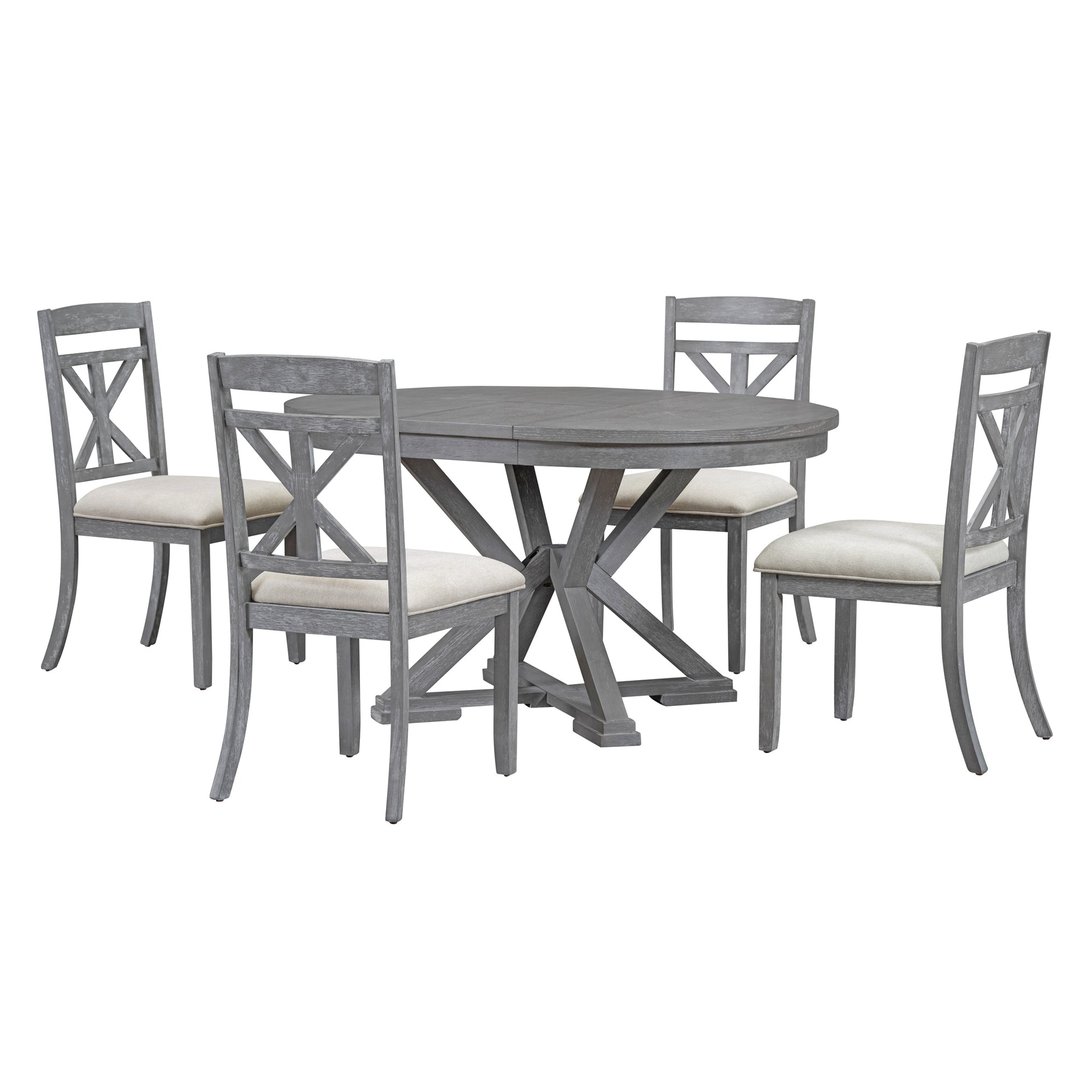 5 Piece Retro Functional Dining Table Set Extendable Round Table And 4 Upholstered Chairs For Dining Room And Living Room Grey Grey Solid Wood