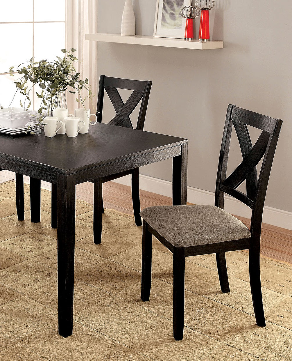Brushed Black Solid Wood 5Pc Dining Set Table And 4X Chairs Brown Fabric Cushions Seats X Cross Back Design Chairs Dining Room Wood Black Brown Seats 4 Wood Dining Room 48 Inches Solid Wood Contemporary,Modern,Transitional 4 Leg Rectangular Rectangular