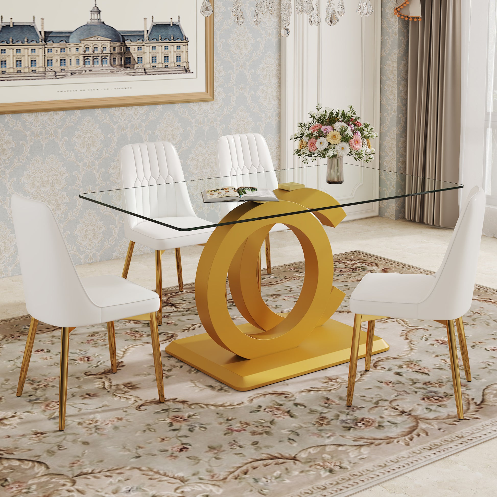 Table And Chair Set.63"W X 35.4"D X 30"H Clear Tempered Glass Desk And Chair Set With 4 White Pu Chairs With Gold Metal Legs.Bring A Comfortable Home Experience To The Kitchen, Bedroom, And Office.