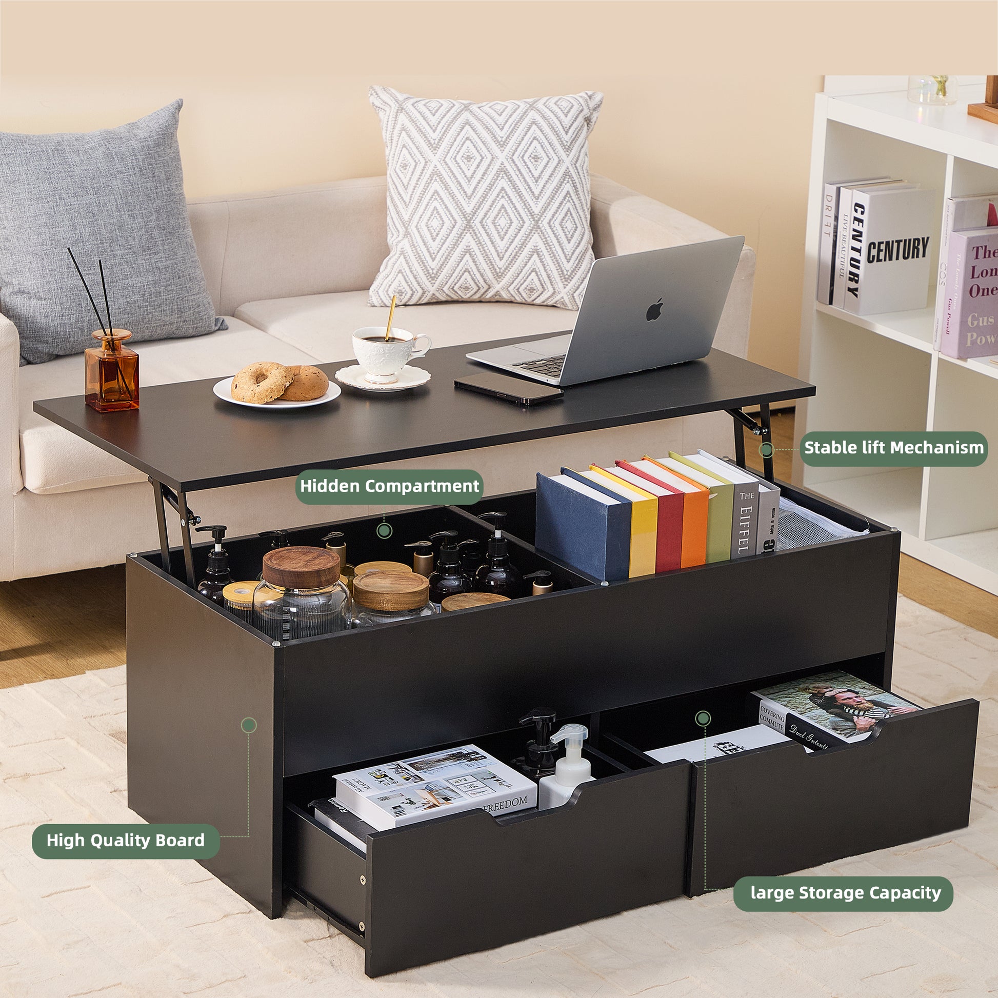 Lift Top Coffee Table With Storage Center Tables Hidden Compartment & 2 Drawers, Sofa Table For Living Room Black Particle Board Mdf