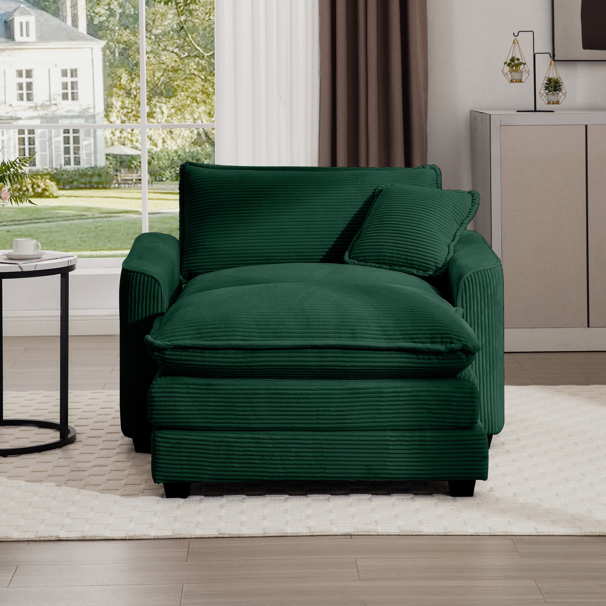 Comfortable Single Chair Deep Seat Sofa With Footstool With One Pillow, Suitable For Living Room And Bedroom, Club Multiple Occasions, Green Corduroy Fabric Green Corduroy 1 Seat