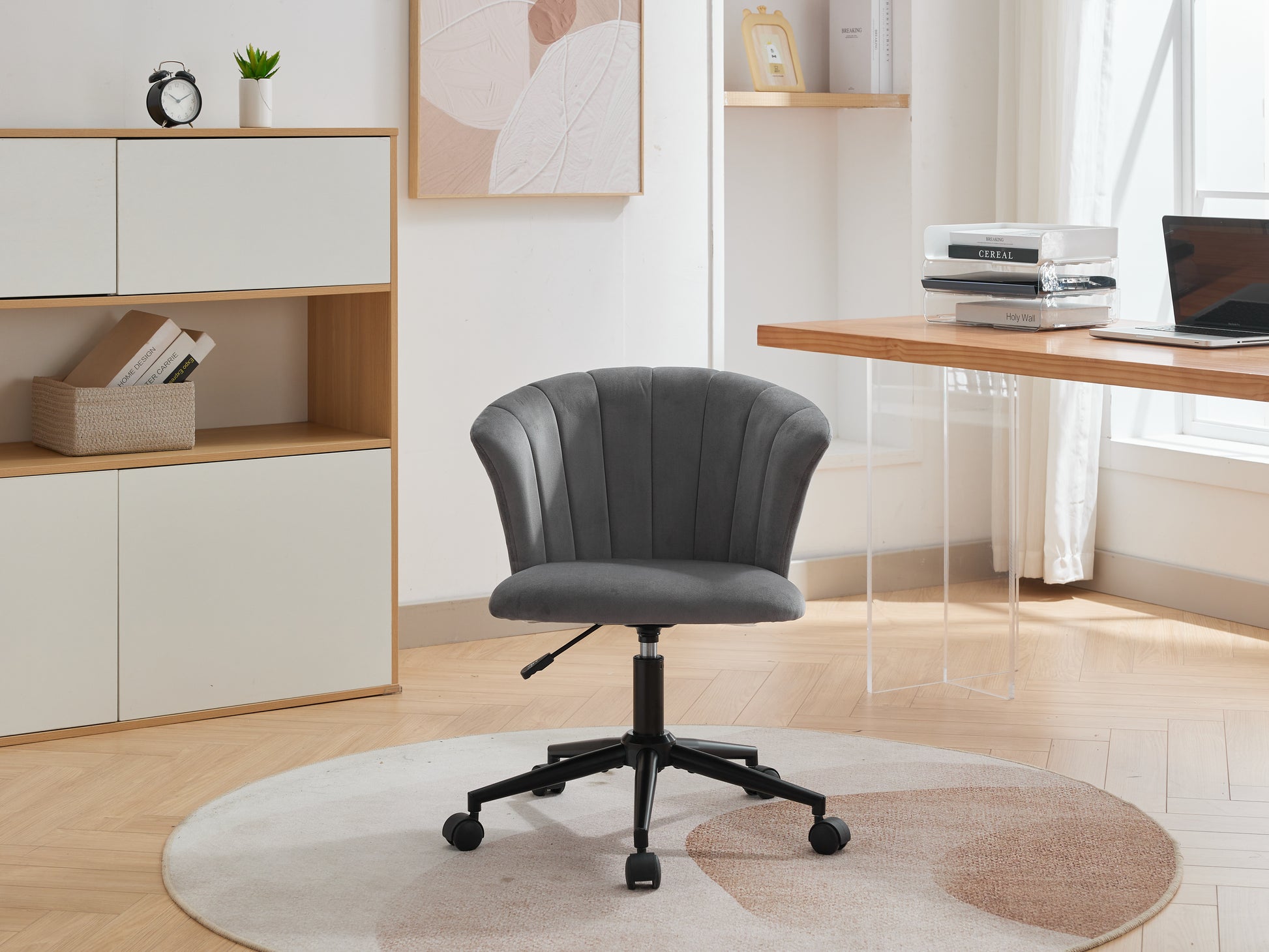 Home Office Chair, Velvet Fabric Swivel Flower Shape Computer Desk Chair For Home Office Or Bedroom Grey Black Foam Polyester Blend