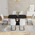 Table And Chair Set, Minimalist Dining Table, Imitation Marble Patterned Glass Tabletop, Mdf Legs With U Shaped Brackets. Paired With Comfortable Chairs, Suitable For Dining And Living Rooms. Black Mdf Glass