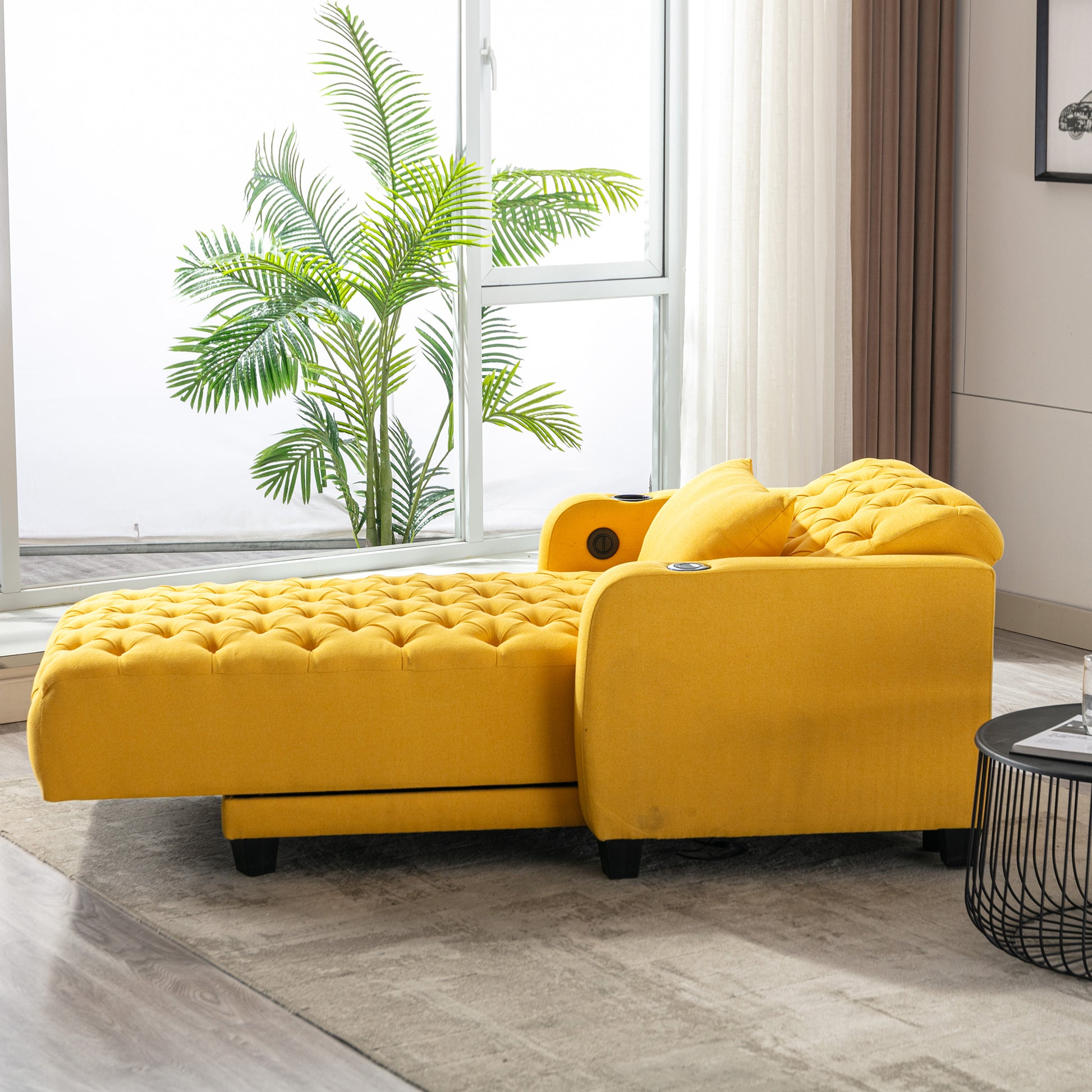 Coolmore Multifunctional Living Room Leisure Chaise Lounge Barry Tufted Comfy Armchair Wireless Charging, Smooth Reclining Backrest & Lumbar Pillow For Home Apartment Yellow Linen Yellow Foam Linen