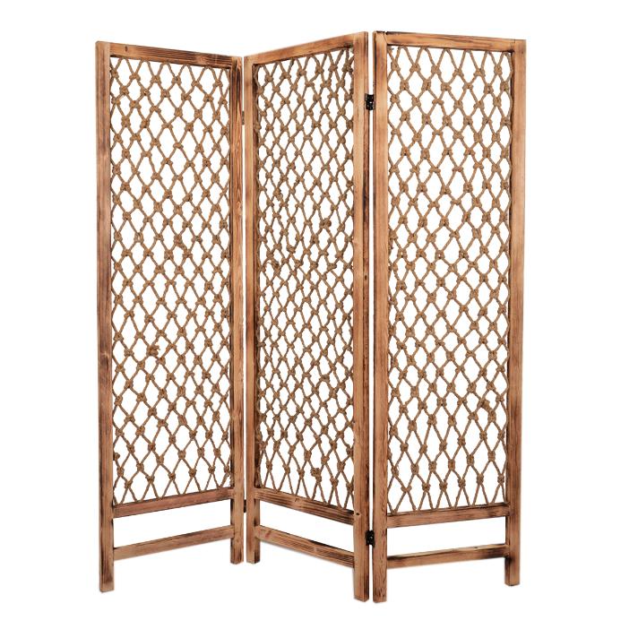 3 Panel Traditional Foldable Screen With Rope Knot Design, Brown Brown Wood Fabric