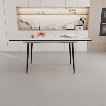 63" Mdf Square White Marble Pattern Stretchable Dining Table, Modern Industrial Kitchen And Dining Table, Equipped With Tapered Black Metal Legs White Mdf