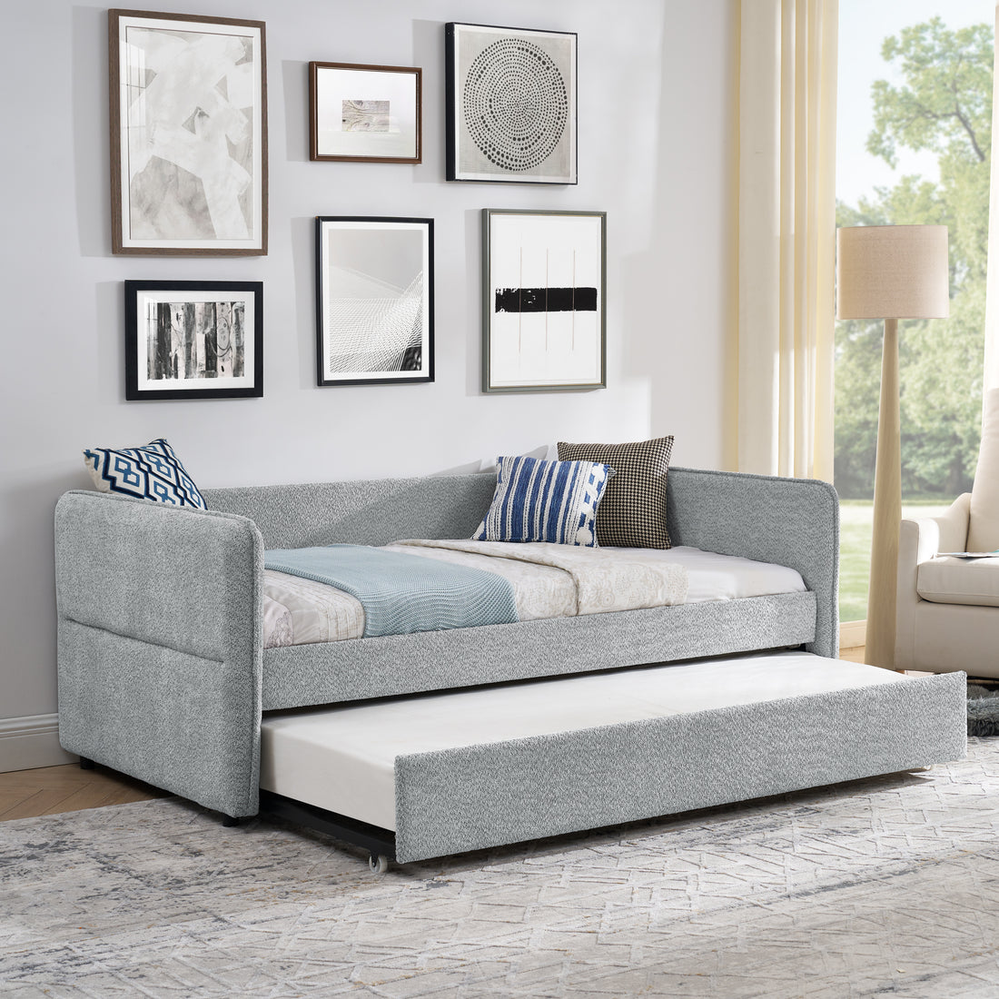 Daybed With Trundle Upholstered Tufted Sofa Bed, Twin Size, Boucle Fabric, Grey 83"X43"X29.5" Grey Boucle