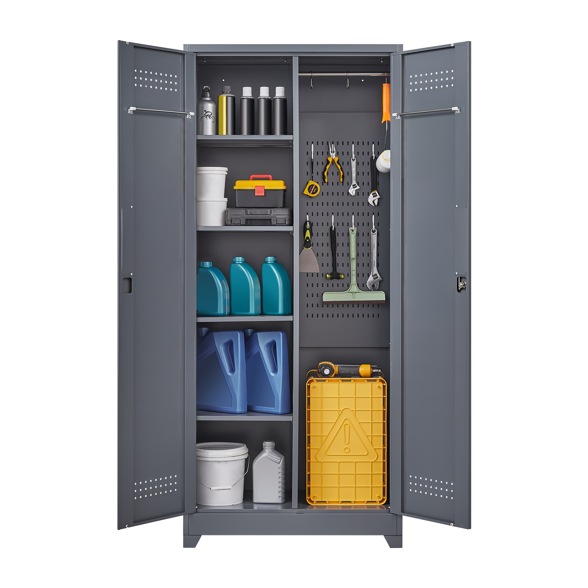 Metal Storage Cabinets, Cleaning Tool Cabinet With Locking Door, Tall Broom Tool Organizer And Storage, Large Storage Cabinet For Kitchen, Pantry, Office, Shop 3 4 Shelves Grey Door Locks Modern Metal