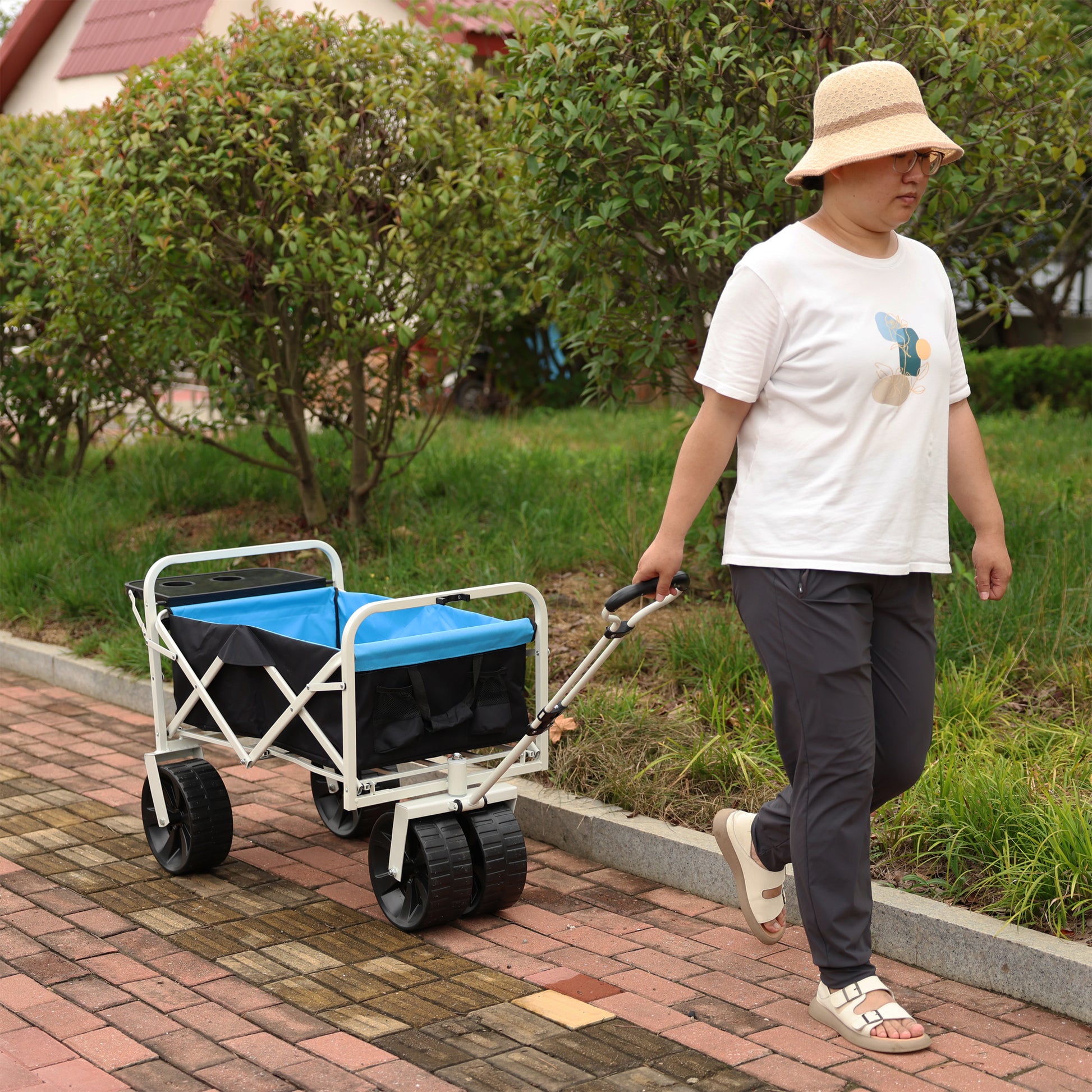 Folding Wagon Garden Shopping Beach Cart White White Black Blue Iron,Oxford Fabric