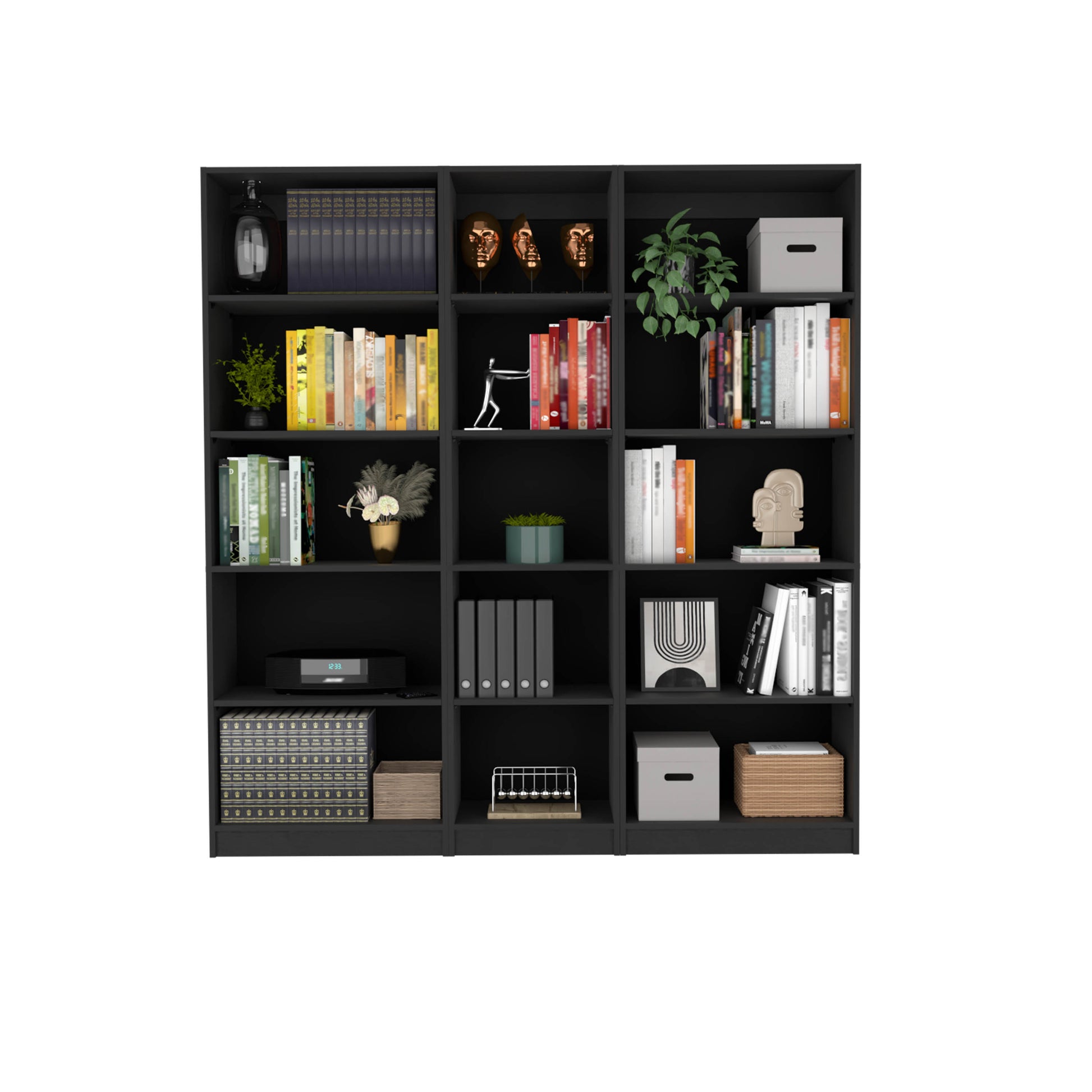 Luetz 3 Piece Home Bookcase Set, 67" Wide With 15 Shelvesliving Room Set Set Black Black Particle Board