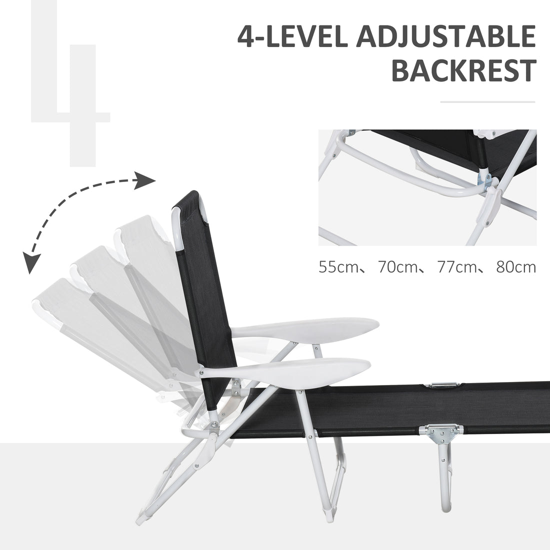 Outsunny Folding Chaise Lounge, Outdoor Sun Tanning Chair, 4 Position Reclining Back, Armrests, Metal Frame And Mesh Fabric For Beach, Yard, Patio, Black Black Metal