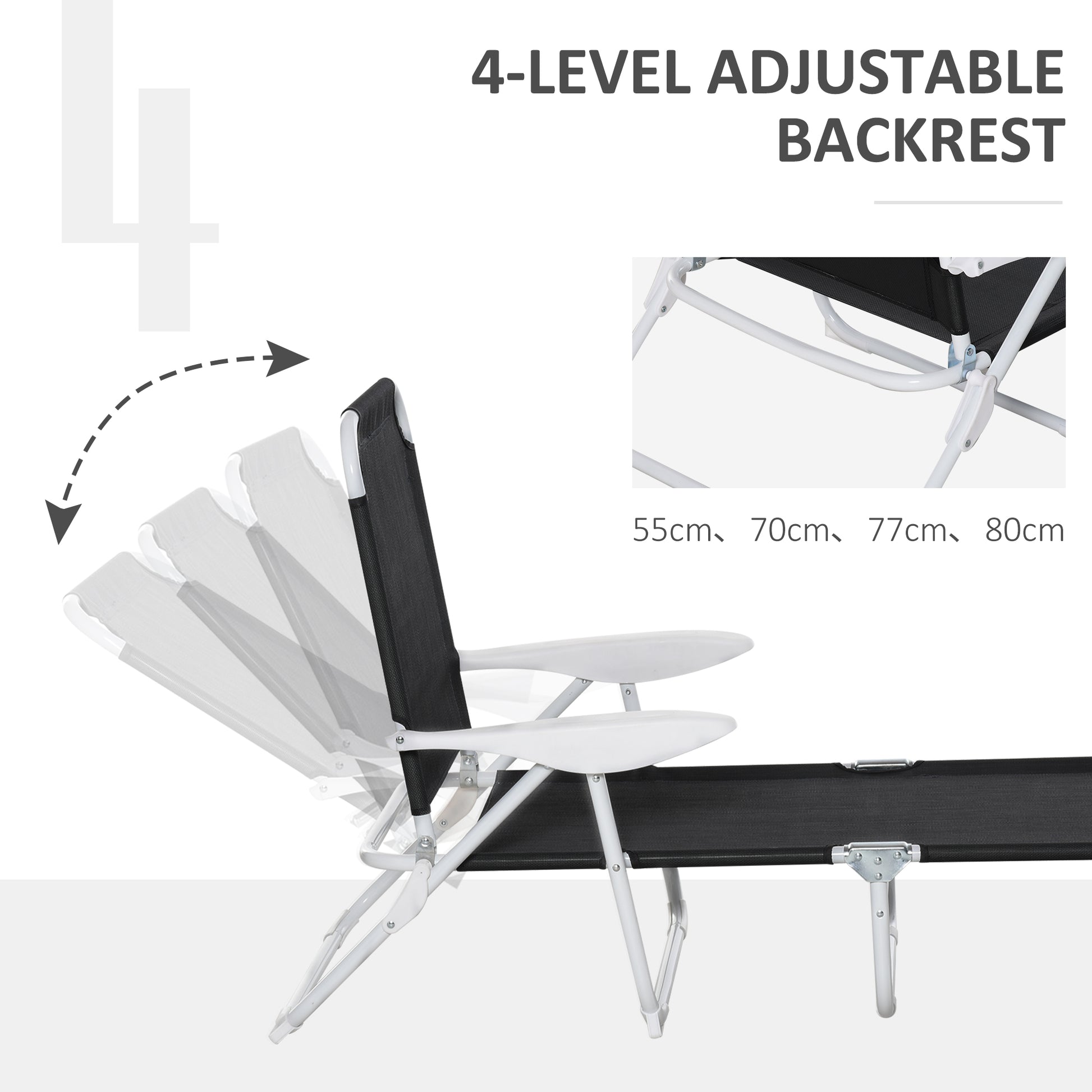 Outsunny Folding Chaise Lounge, Outdoor Sun Tanning Chair, 4 Position Reclining Back, Armrests, Metal Frame And Mesh Fabric For Beach, Yard, Patio, Black Black Metal