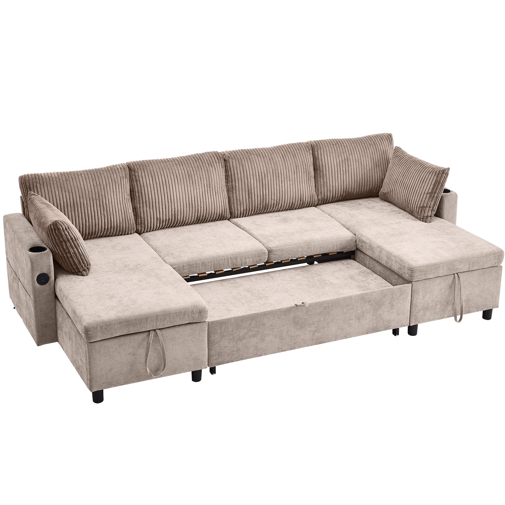 111.8" Sectional Sofa Pull Out Sofa Bed Versatile Sofa Sleeper With Large Storage Space, Two Usb Ports And Two Cup Holders For Living Room, Brown Brown Foam Chenille 4 Seat