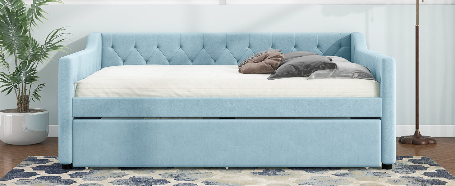 Full Size Upholstered Tufted Daybed With Twin Size Trundle, Blue Box Spring Not Required Full Blue Wood Daybeds Velvet Upholstered