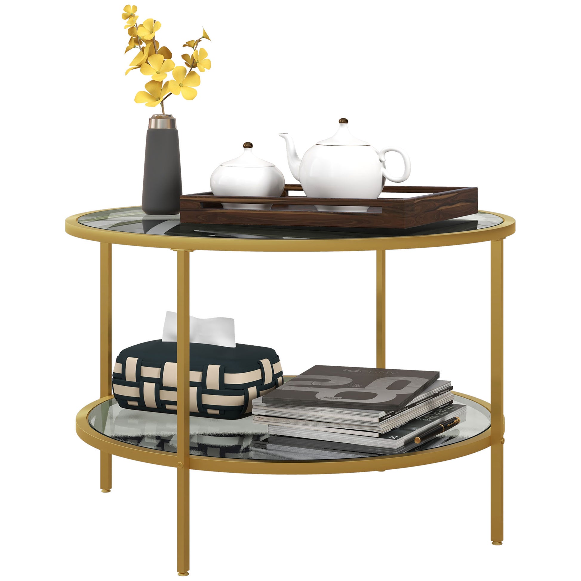 Homcom Side Table With Storage, 26" Round End Table, 2 Tier Tempered Glass Coffee Table With Steel Frame For Living Room, Gold Gold Glass Metal