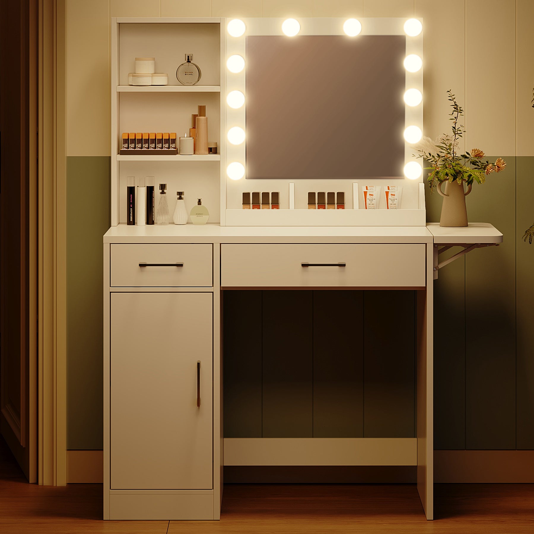 Vanity Desk With Drawers & Mirror With Lights, With Drawers & Cabinet 3 Shelves Lots Storage For Stylish Bedroom White White Particle Board