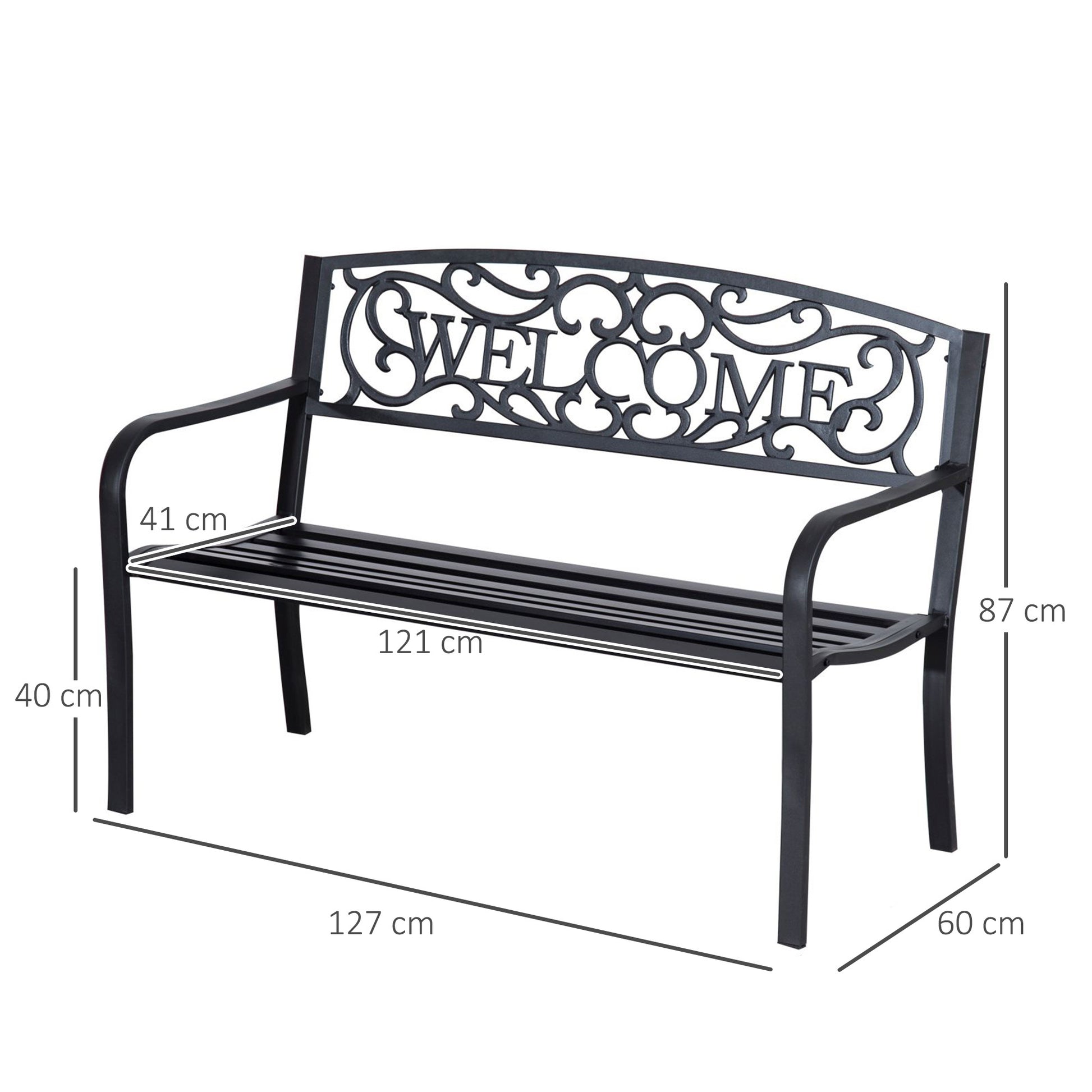 Outsunny 50" Outdoor Metal Welcome Bench, Garden Bench With Slatted Seat, Patio Bench For Park, Porch, Yard, Entryway, Black Black Iron