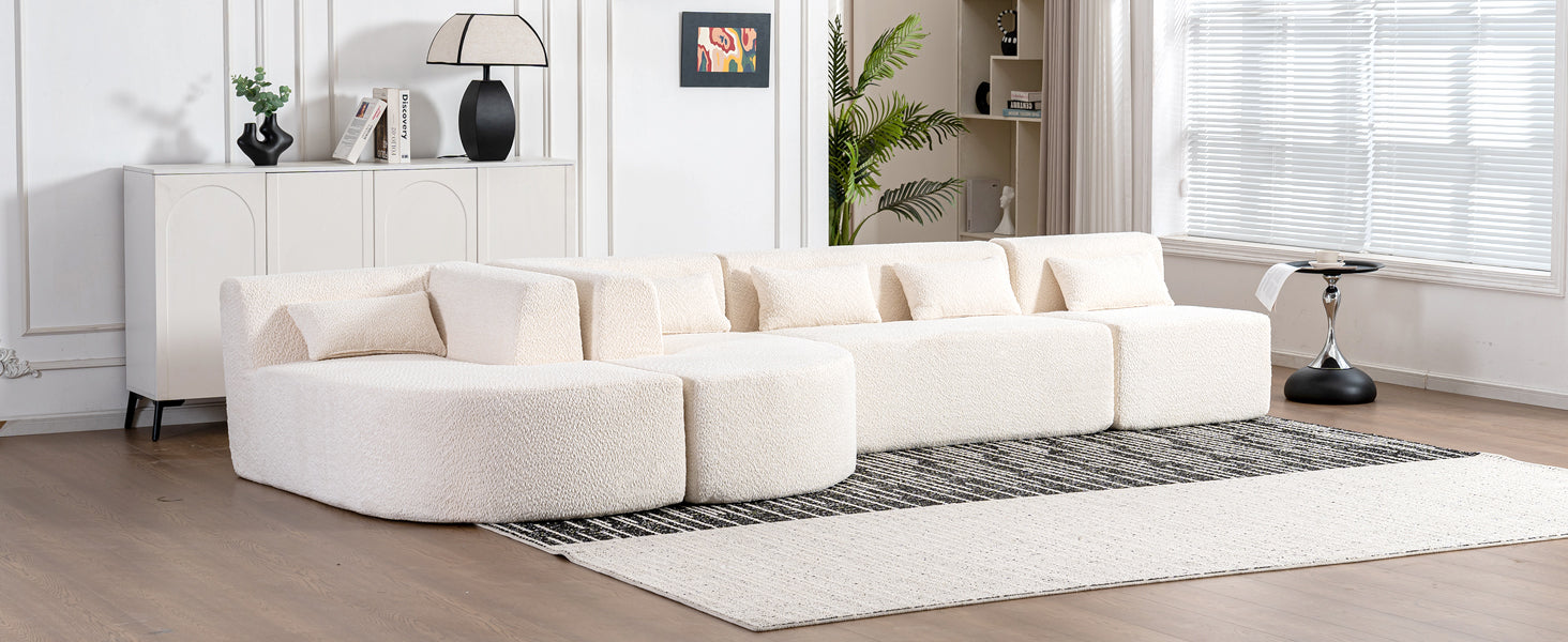 143.7" Upholstered Sofa Free Combined Sofa Couch With Two Chaise Lounge And Five Back Pillows For Living Room, Beige Beige Foam Polyester 5 Seat