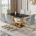 Table And Chair Set.Modern Rectangular Dining Table With Black Textured Stickers Glass Tabletop And Gold Plated Metal Legs.Paried With 6 Comfortable Chairs With Pu Seats And Golden Metal Legs. Gold,Light Gray Seats 6 Glass Metal