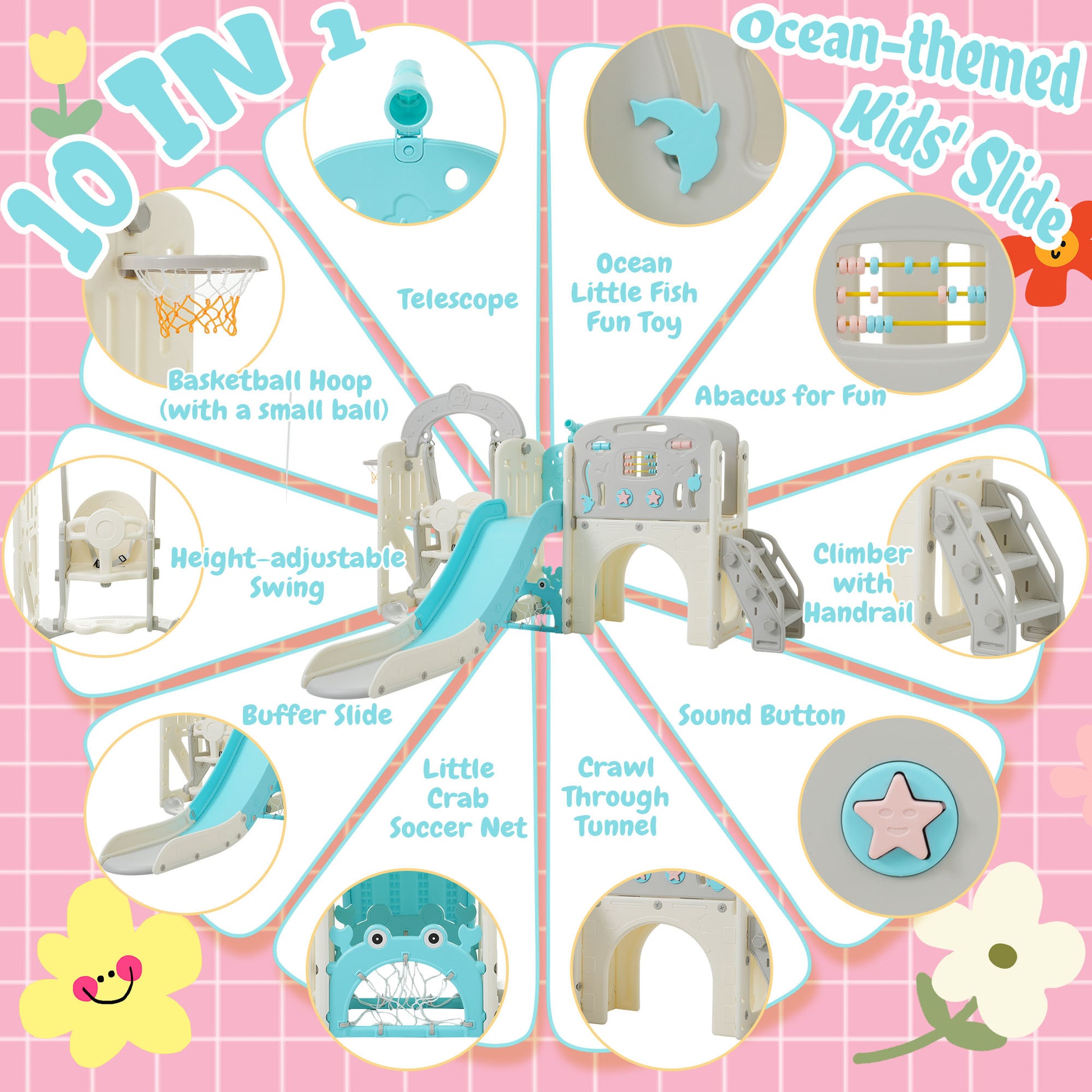 Toddler Slide And Swing Set 10 In 1, Kids Slide For Toddler Age 1 3 With Basketball Hoop, Kids Slide Playset Structure,Arch Tunnel And Telescope, Toy Storage Organizer For Toddlers Blue 50 99 Lbs Cute 1 To 2 Years Hdpe Indoor & Outdoor Use