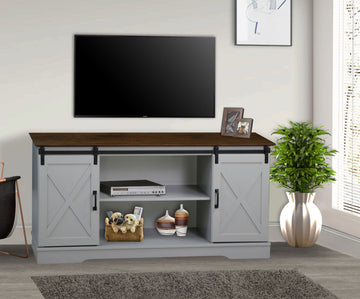 "56"" Tv Stand With 2 Barndoor" "Farmhouse Style Media Console With Barn Door Sliders Cape Code Gray And Rosewood Grain Finish, Multipurpose Entertainment Center" Multicolor 50 59 Inches Solid Wood