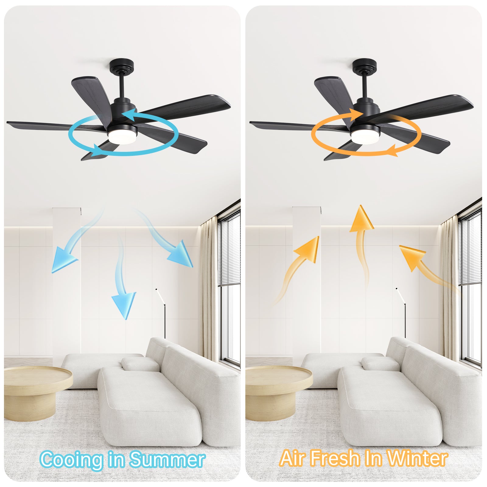 52 Inch Ceiling Fan With Dimmable Led Light 5 Solid Wood Blades Smart Remote Control Reversible Dc Motor Ceiling Fan Black For Home Black Metal & Wood