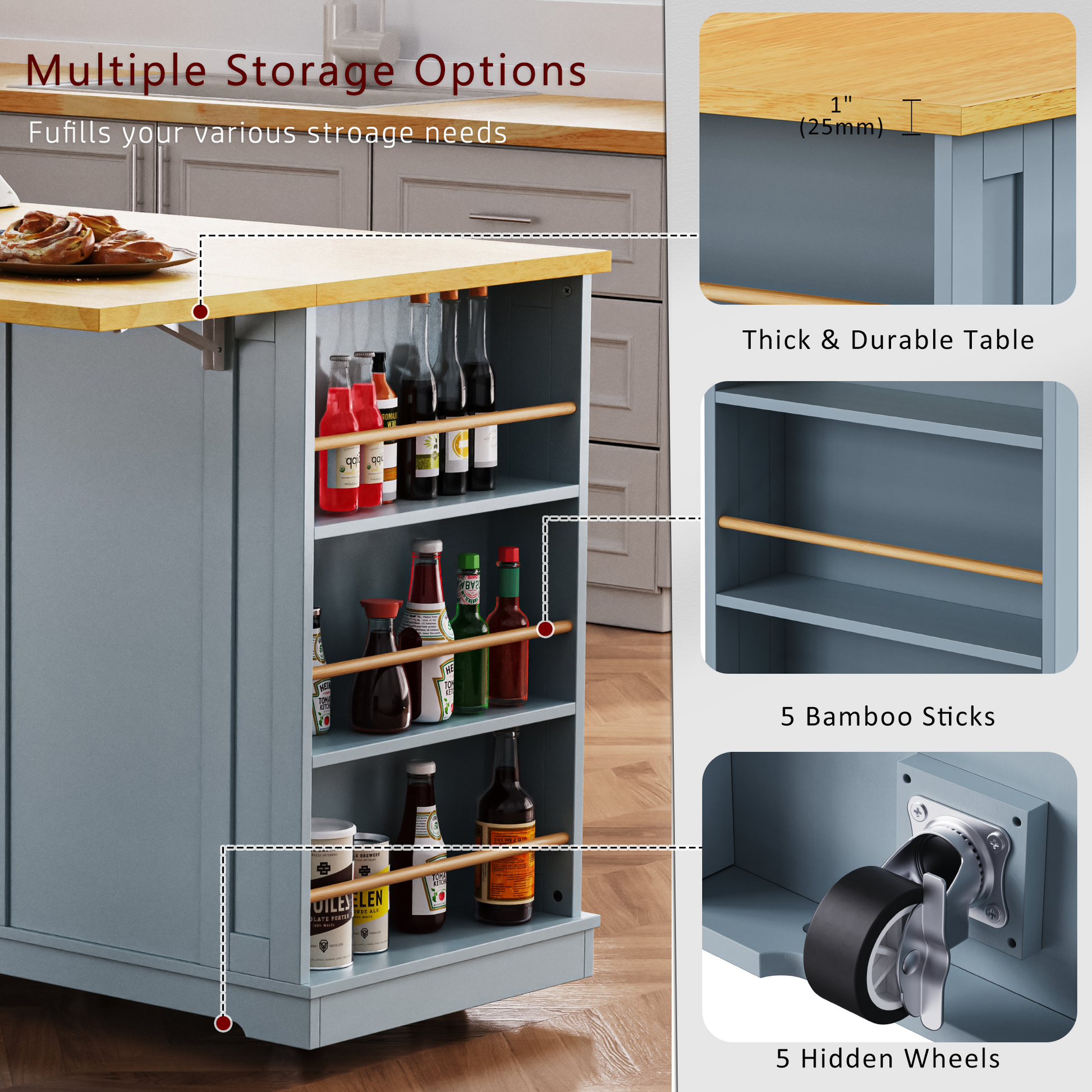 K&K 53Inch Large Kitchen Island With Drop Leaf,Power Outlet,Door Internal Storage Rack,Rolling Kitchen Cart On 5 Wheels With 5 Open Side Racks For Kitchen,Dining Room,Grey Blue Not Include Bar Stools Grey Blue Gray Kitchen Classic,Farmhouse,Luxury,Modern