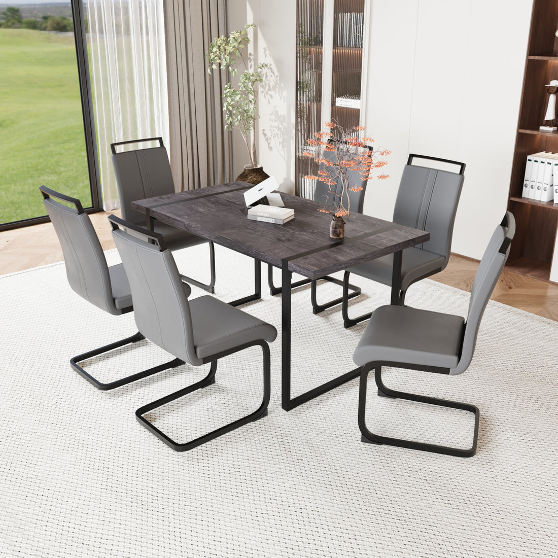 59 "Rural Industrial Rectangular Mdf Black Dining Table Set And Pu Armless Dining Chair Set, 6 Pieces. Kitchen Black Metal Table Leg Dining Chair Set Black Gray Mdf